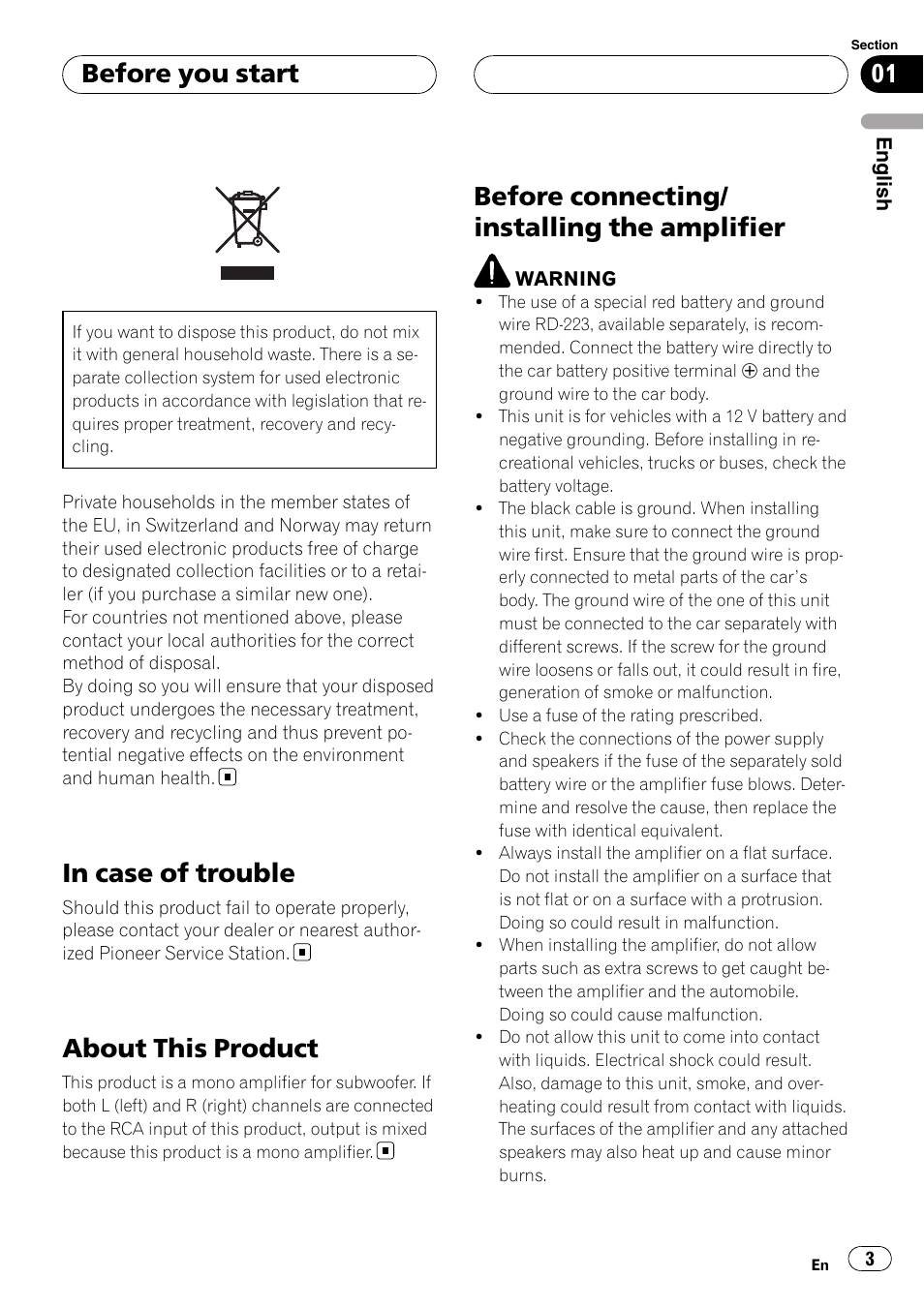 Before you start, In case of trouble, About this product | Before connecting/installing the amplifier, Before connecting/ installing the amplifier | Pioneer GM-D7500M User Manual | Page 3 / 84