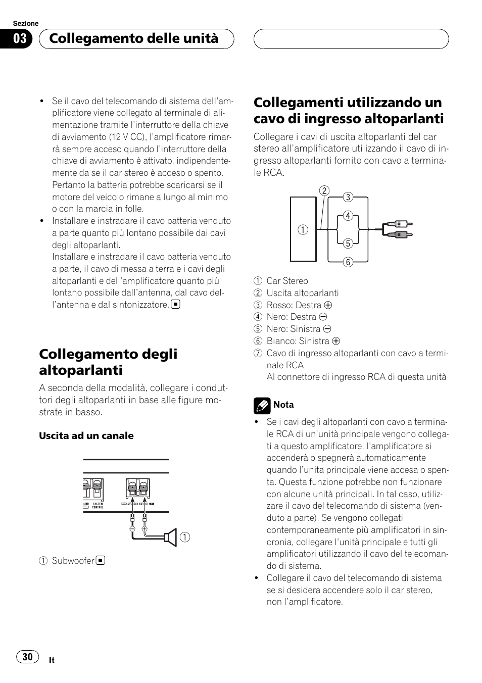 Collegamento degli altoparlanti, Collegamenti utilizzando un cavo di ingresso, Altoparlanti | Collegamento delle unità | Pioneer GM-D7500M User Manual | Page 30 / 84