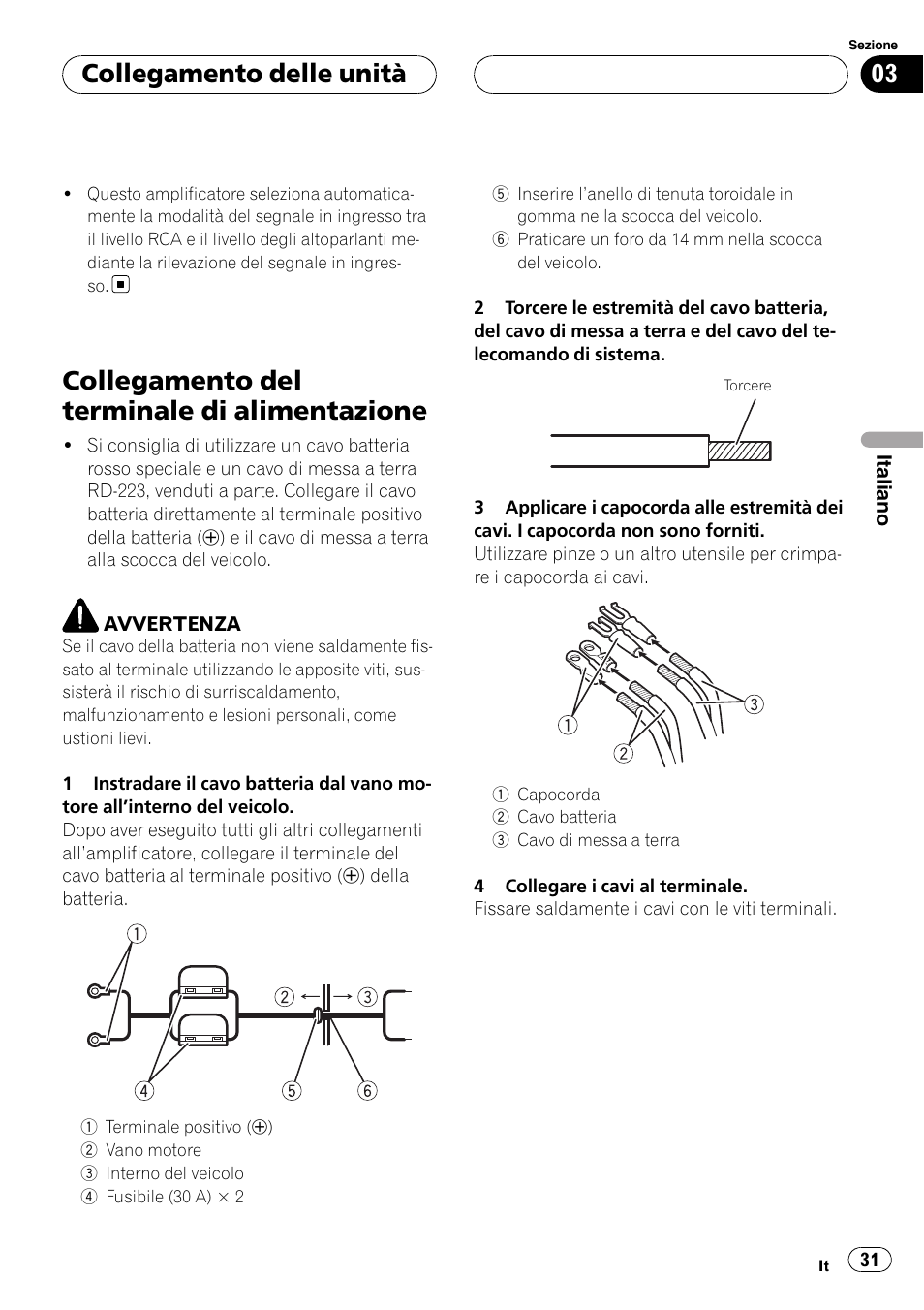 Collegamento del terminale di, Alimentazione, Collegamento del terminale di alimentazione | Collegamento delle unità | Pioneer GM-D7500M User Manual | Page 31 / 84