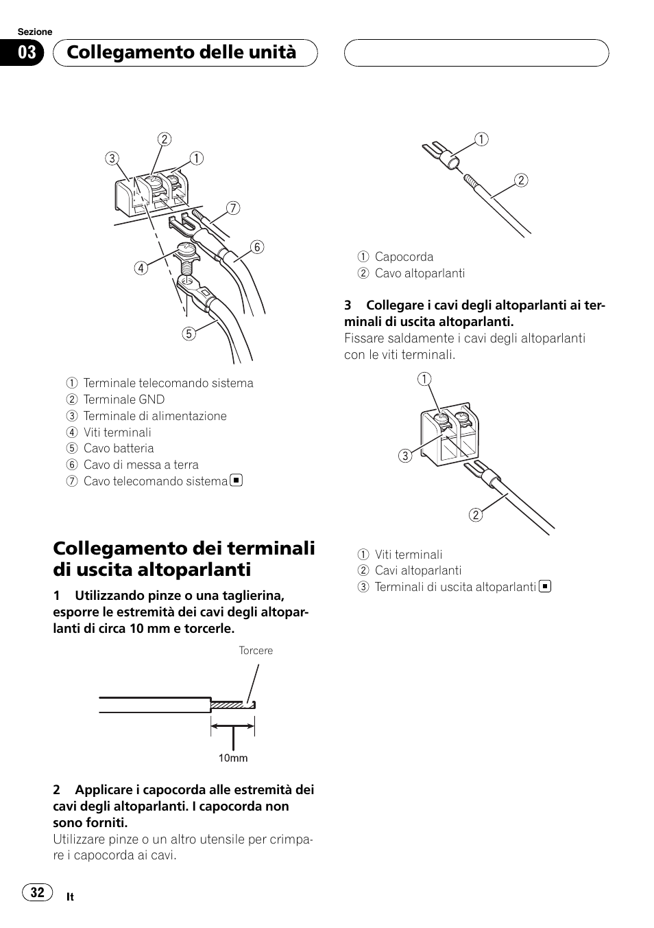 Collegamento dei terminali di uscita, Altoparlanti, Collegamento dei terminali di uscita altoparlanti | Collegamento delle unità | Pioneer GM-D7500M User Manual | Page 32 / 84