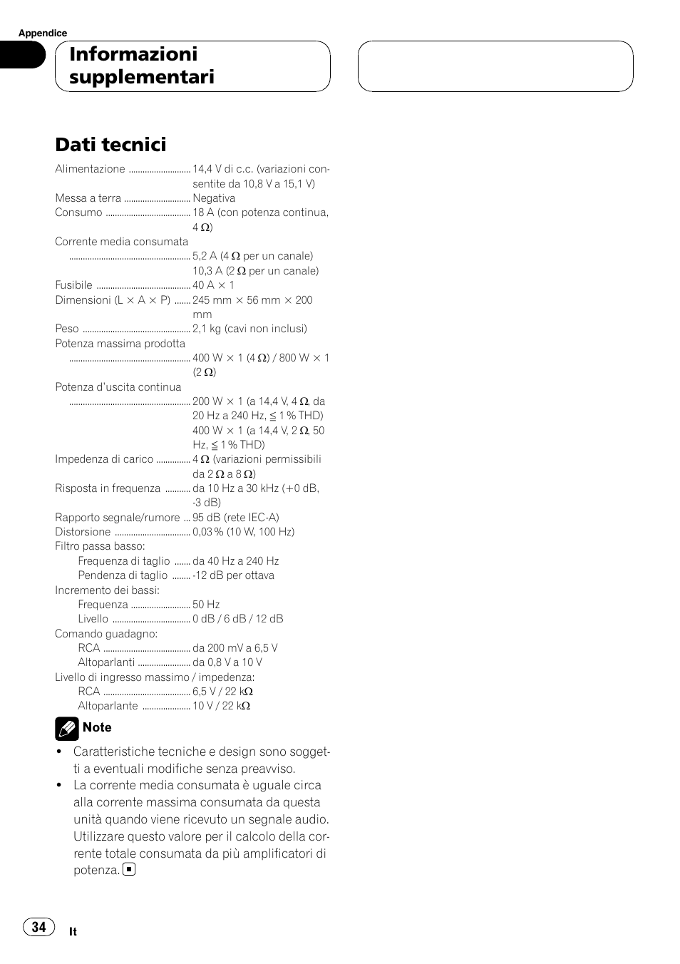 Informazioni supplementari dati tecnici, Dati tecnici, Informazioni supplementari | Pioneer GM-D7500M User Manual | Page 34 / 84