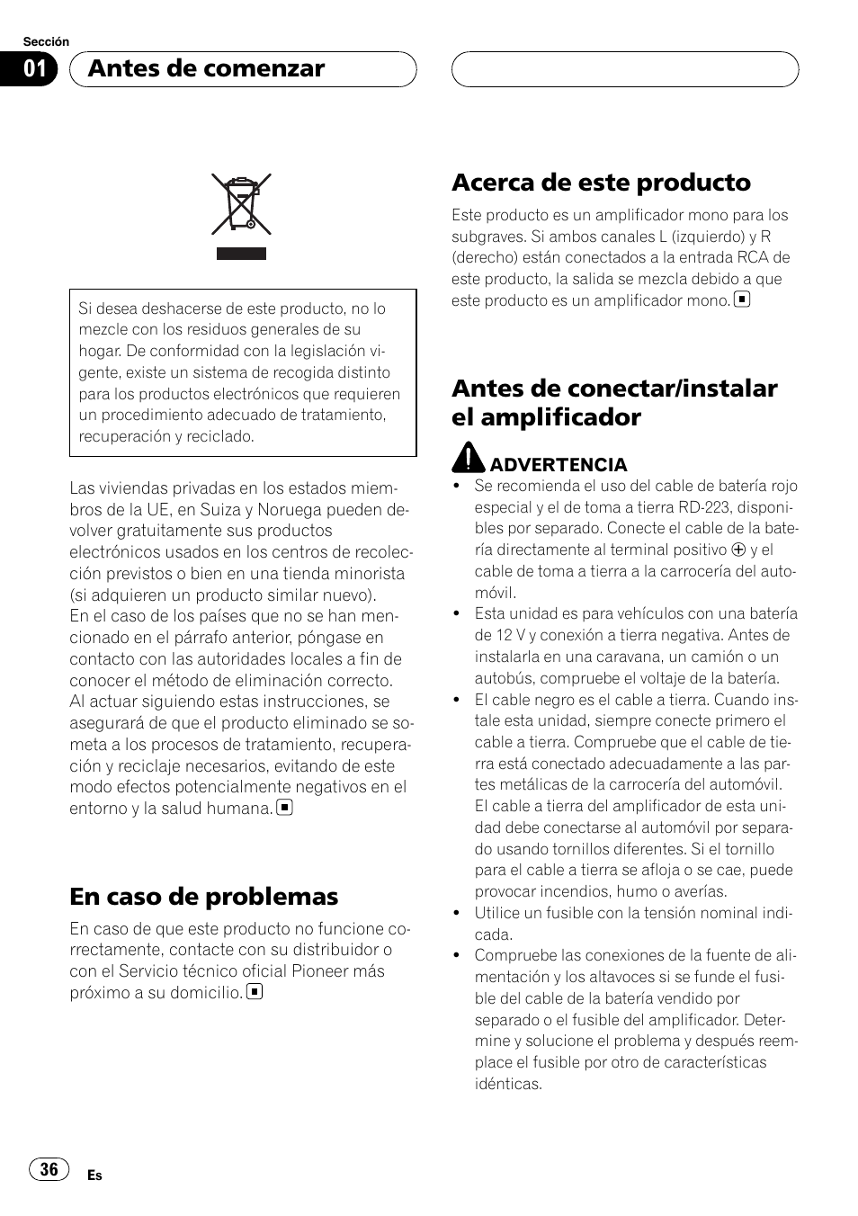 Antes de comenzar, En caso de problemas, Acerca de este producto | Antes de conectar/instalar el, Amplificador, Antes de conectar/instalar el amplificador | Pioneer GM-D7500M User Manual | Page 36 / 84