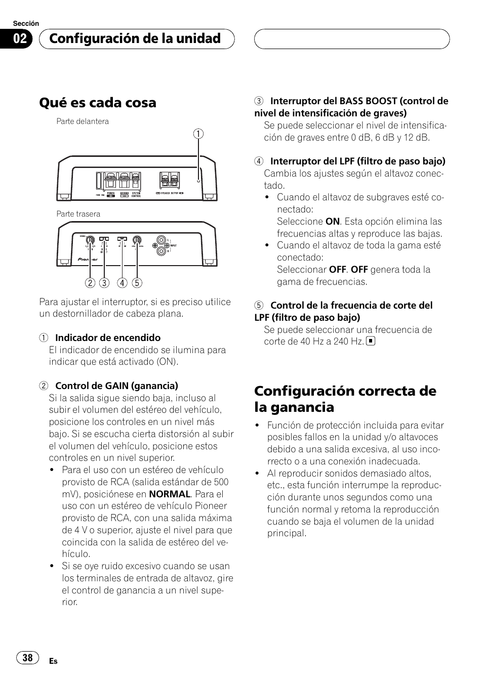 Configuración de la unidad qué es cada cosa, Configuración correcta de la ganancia, Qué es cada cosa | Configuración de la unidad | Pioneer GM-D7500M User Manual | Page 38 / 84