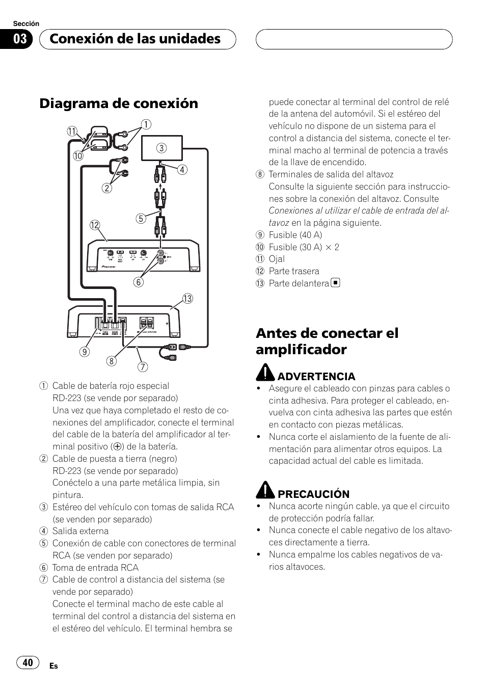 Conexión de las unidades diagrama de conexión, Antes de conectar el amplificador, Diagrama de conexión | Conexión de las unidades | Pioneer GM-D7500M User Manual | Page 40 / 84