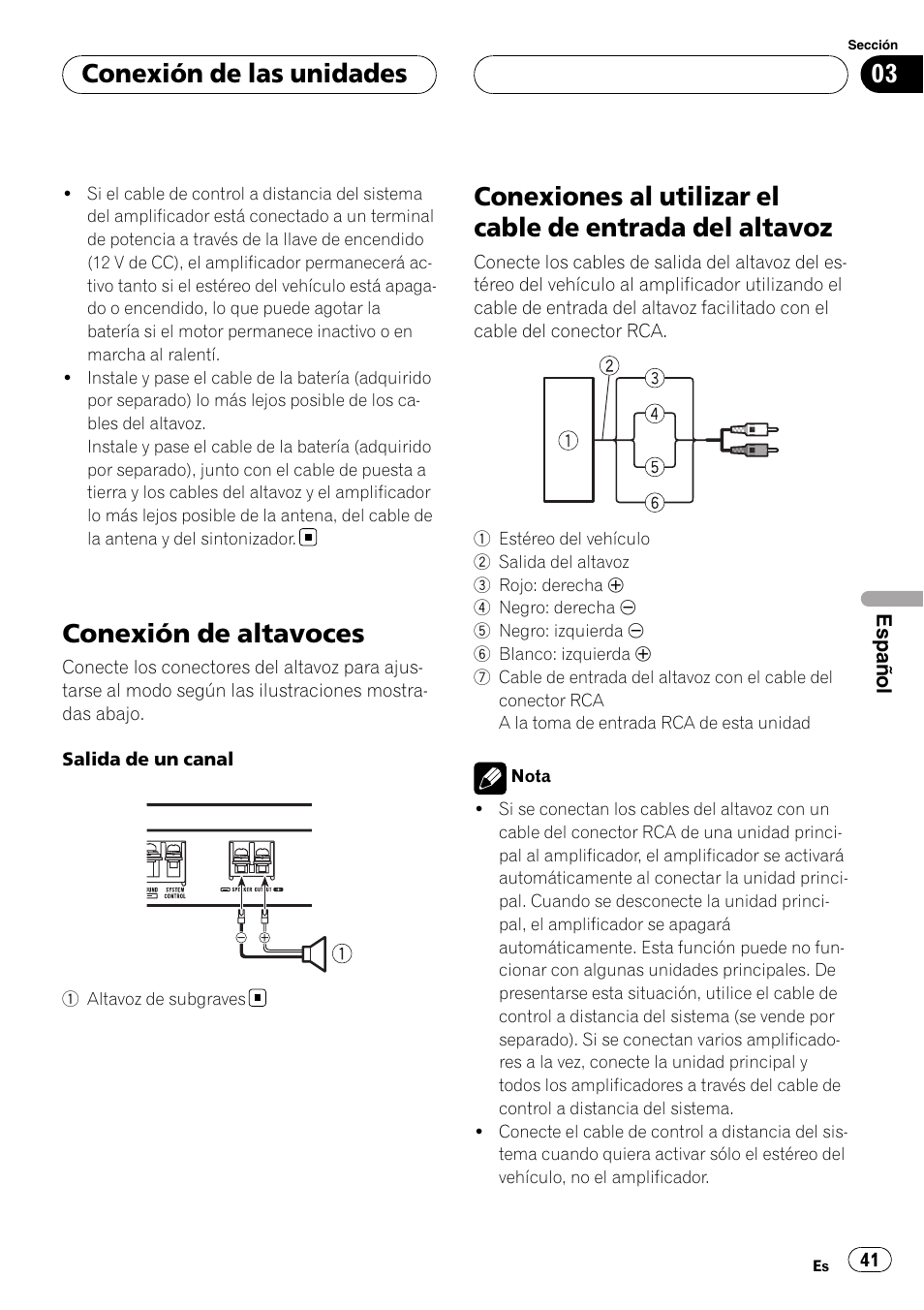 Conexión de altavoces, Conexiones al utilizar el cable de entrada del, Altavoz | Conexión de las unidades | Pioneer GM-D7500M User Manual | Page 41 / 84