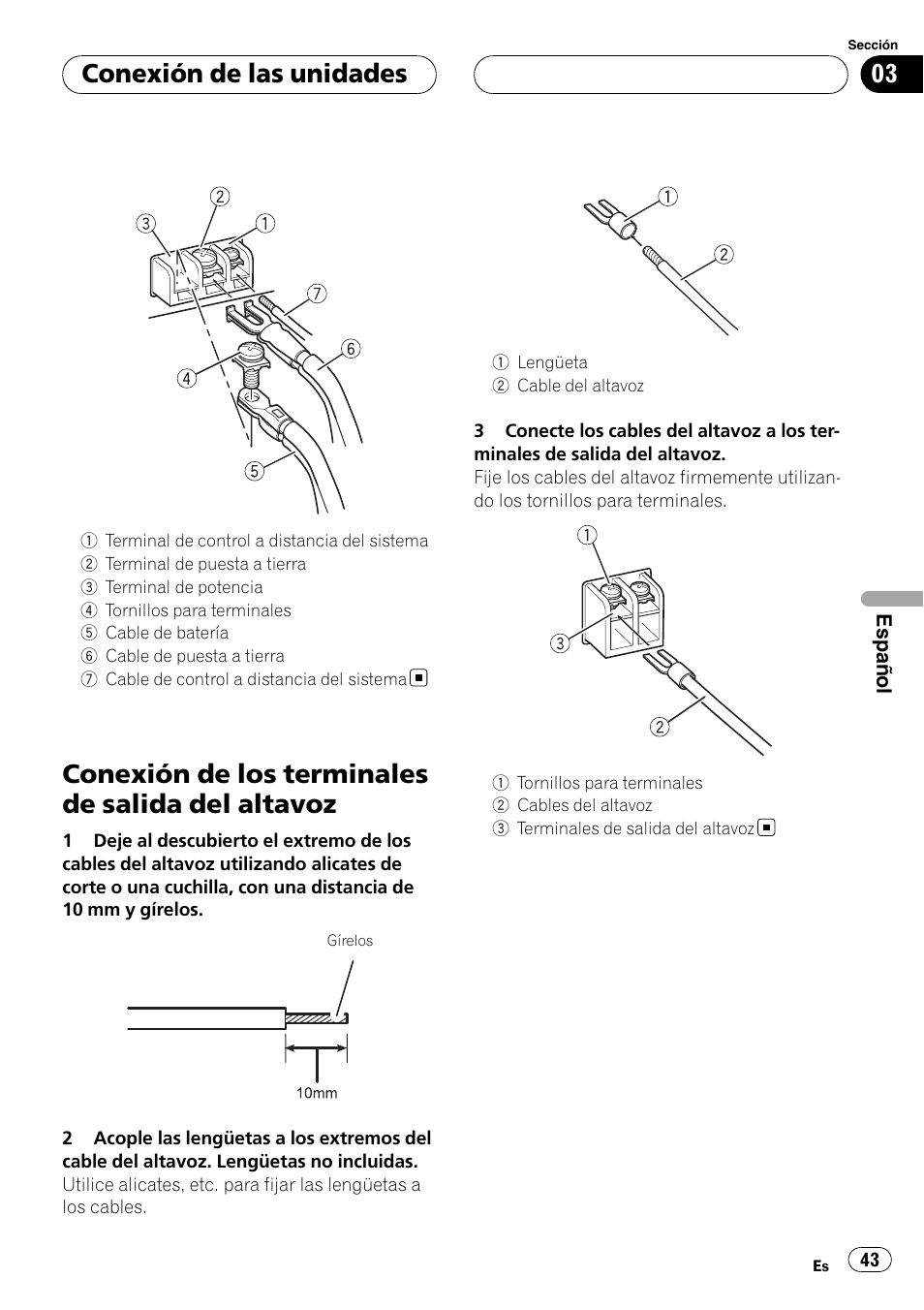 Conexión de los terminales de salida del, Altavoz, Conexión de los terminales de salida del altavoz | Conexión de las unidades | Pioneer GM-D7500M User Manual | Page 43 / 84