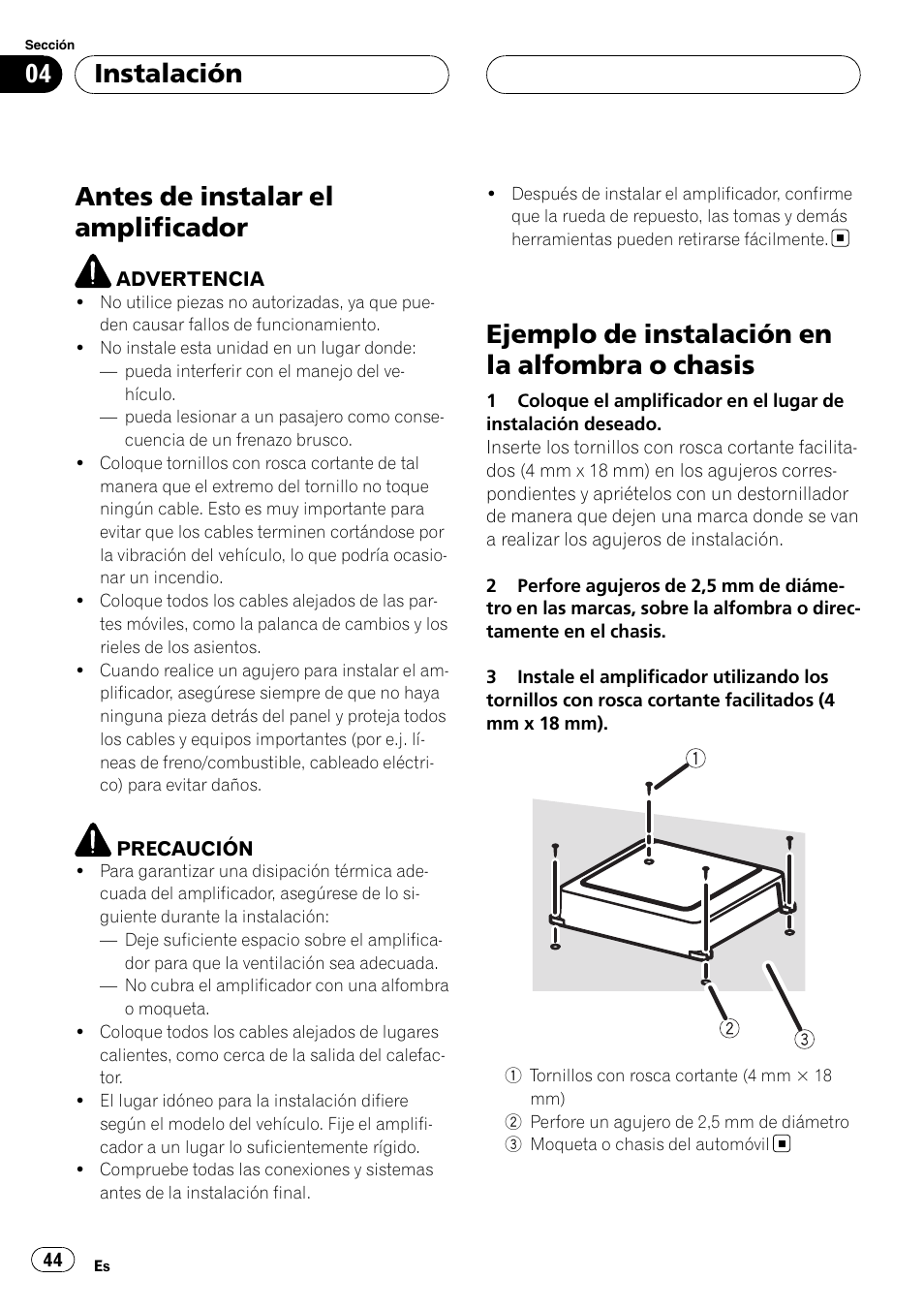 Instalación antes de instalar el amplificador, Ejemplo de instalación en la alfombra o, Chasis | Antes de instalar el amplificador, Ejemplo de instalación en la alfombra o chasis, Instalación | Pioneer GM-D7500M User Manual | Page 44 / 84