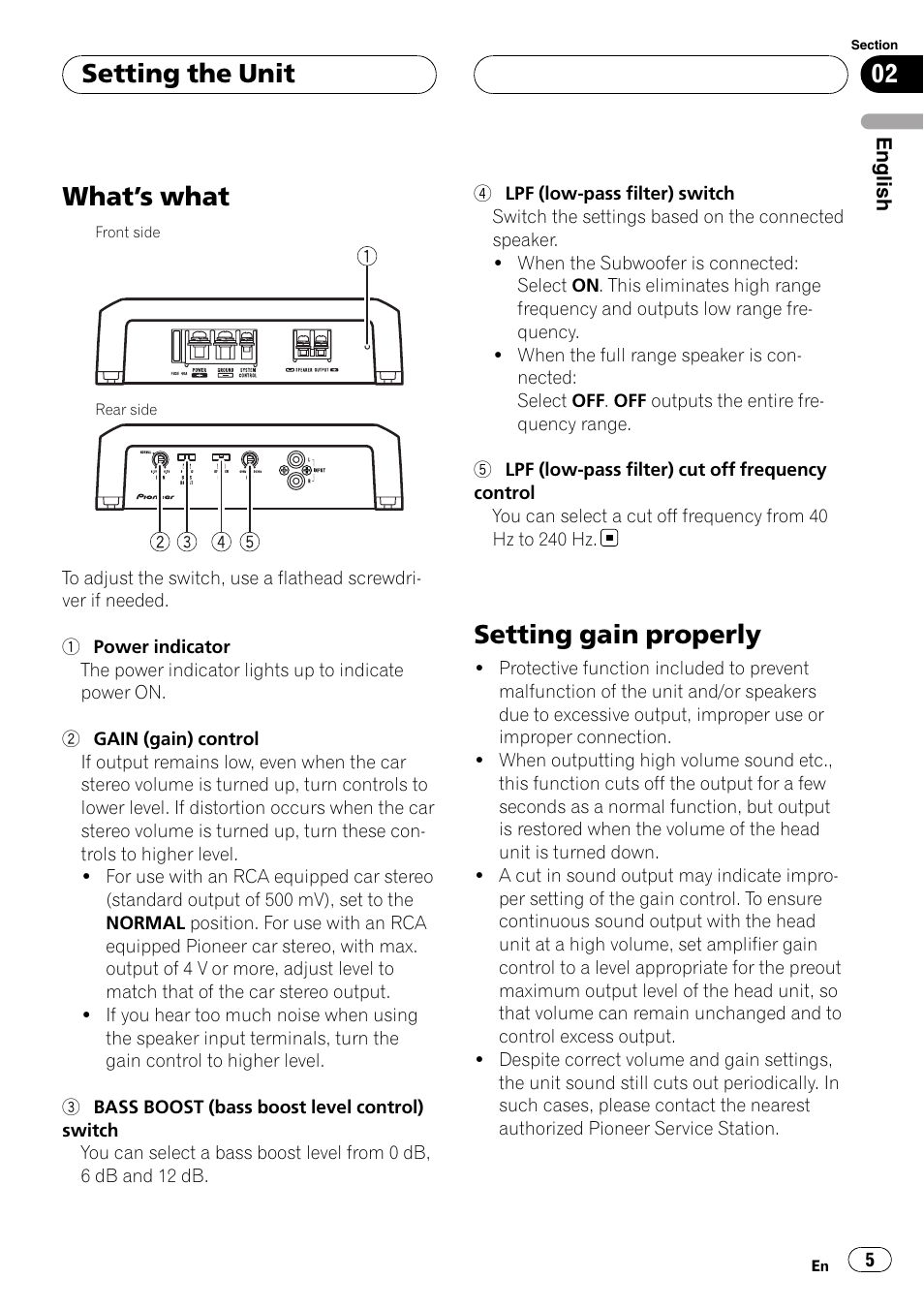 Setting the unit what, S what 5, Setting gain properly | What ’s what, Setting the unit | Pioneer GM-D7500M User Manual | Page 5 / 84