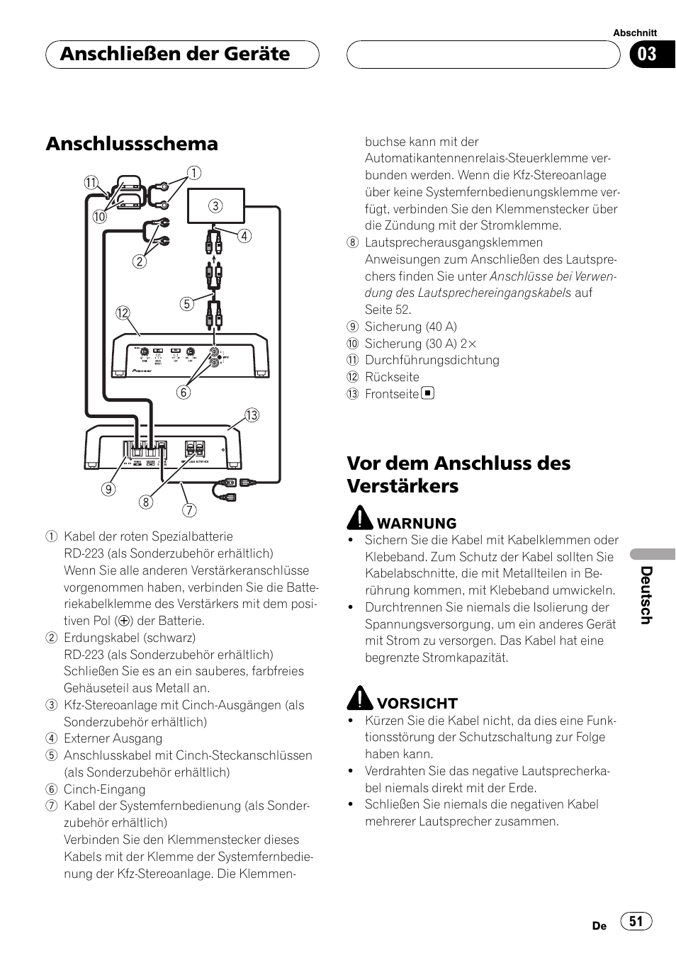 Anschließen der geräte anschlussschema, Vor dem anschluss des verstärkers, Anschlussschema | Anschließen der geräte | Pioneer GM-D7500M User Manual | Page 51 / 84