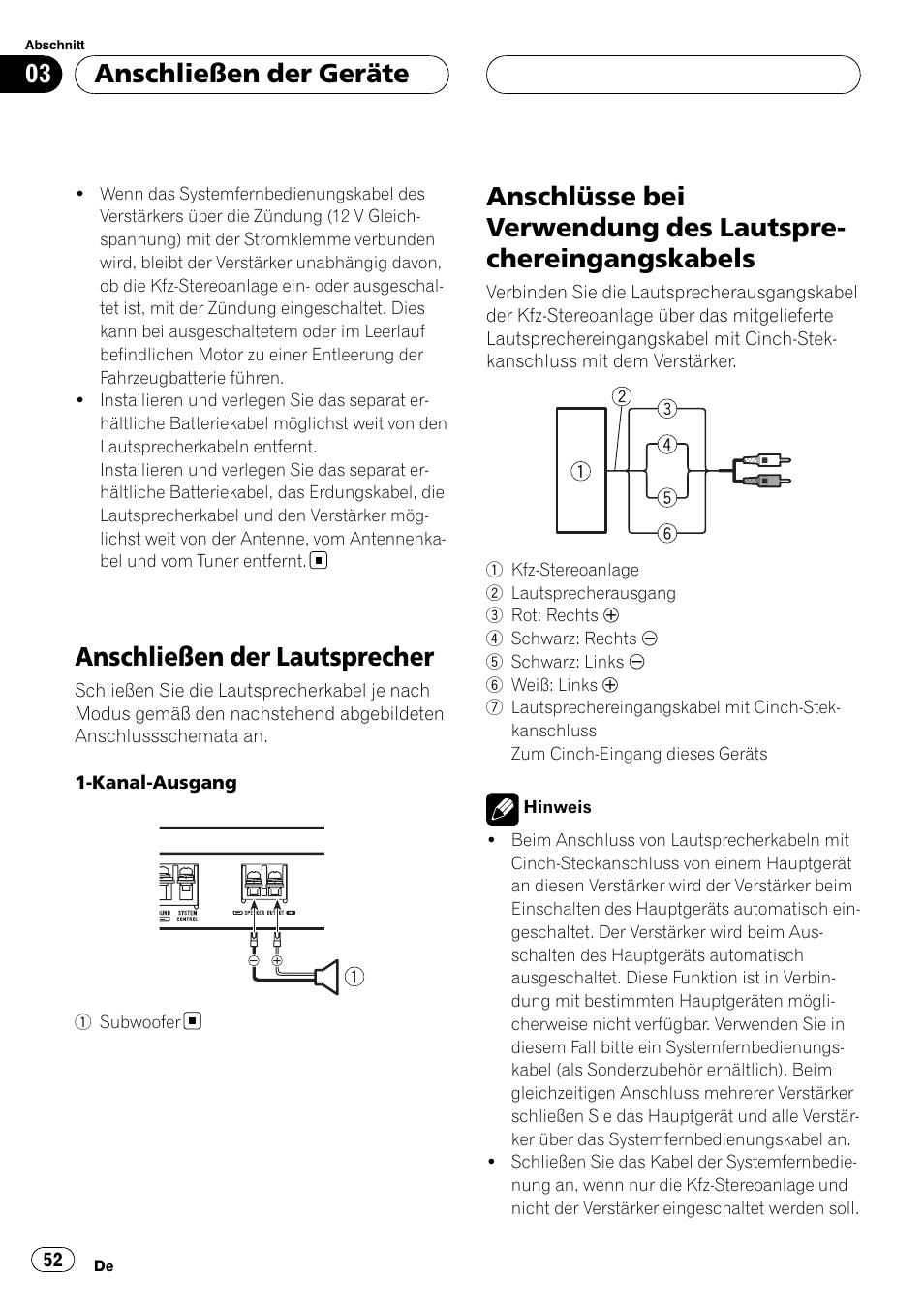 Anschließen der lautsprecher, Anschlüsse bei verwendung des, Lautsprechereingangskabels | Anschließen der geräte | Pioneer GM-D7500M User Manual | Page 52 / 84