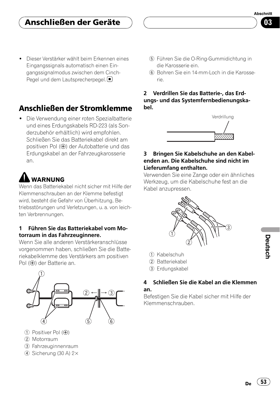 Anschließen der stromklemme, Anschließen der geräte | Pioneer GM-D7500M User Manual | Page 53 / 84