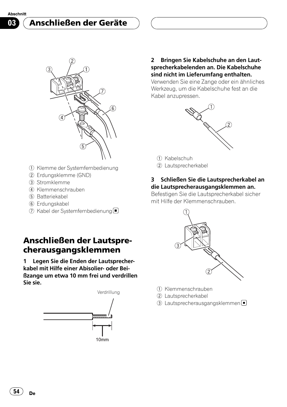 Anschließen der, Lautsprecherausgangsklemmen, Anschließen der lautspre- cherausgangsklemmen | Anschließen der geräte | Pioneer GM-D7500M User Manual | Page 54 / 84