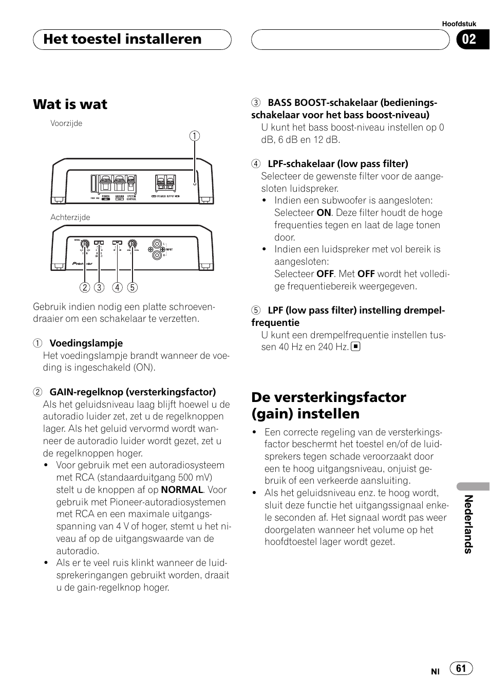 Het toestel installeren wat is wat, De versterkingsfactor (gain) instellen, Wat is wat | Het toestel installeren | Pioneer GM-D7500M User Manual | Page 61 / 84