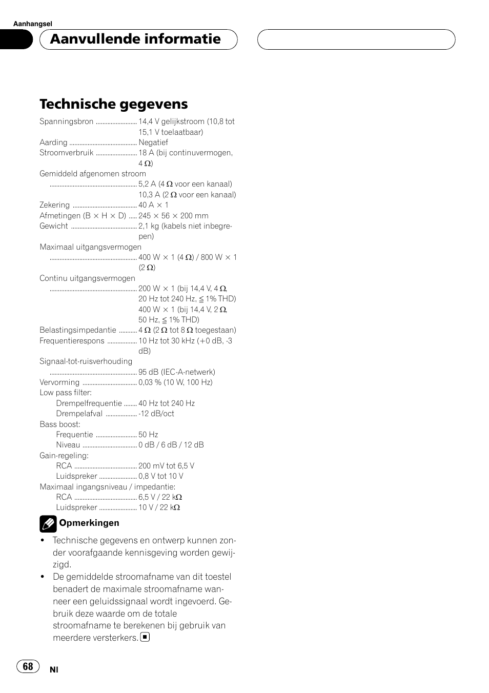 Aanvullende informatie technische gegevens, Technische gegevens, Aanvullende informatie | Pioneer GM-D7500M User Manual | Page 68 / 84