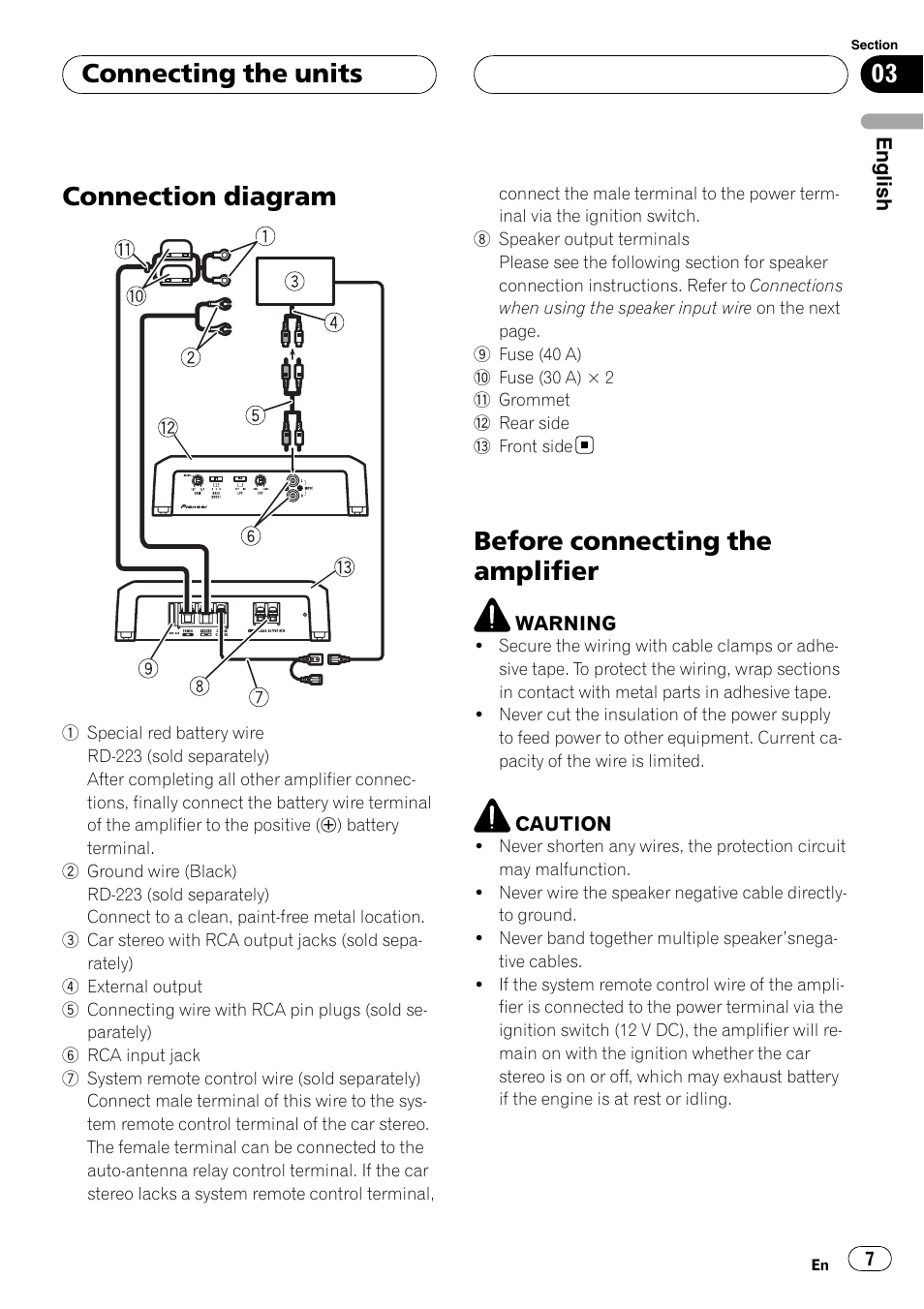 Connecting the units connection diagram, Before connecting the amplifier, Connection diagram | Connecting the units | Pioneer GM-D7500M User Manual | Page 7 / 84