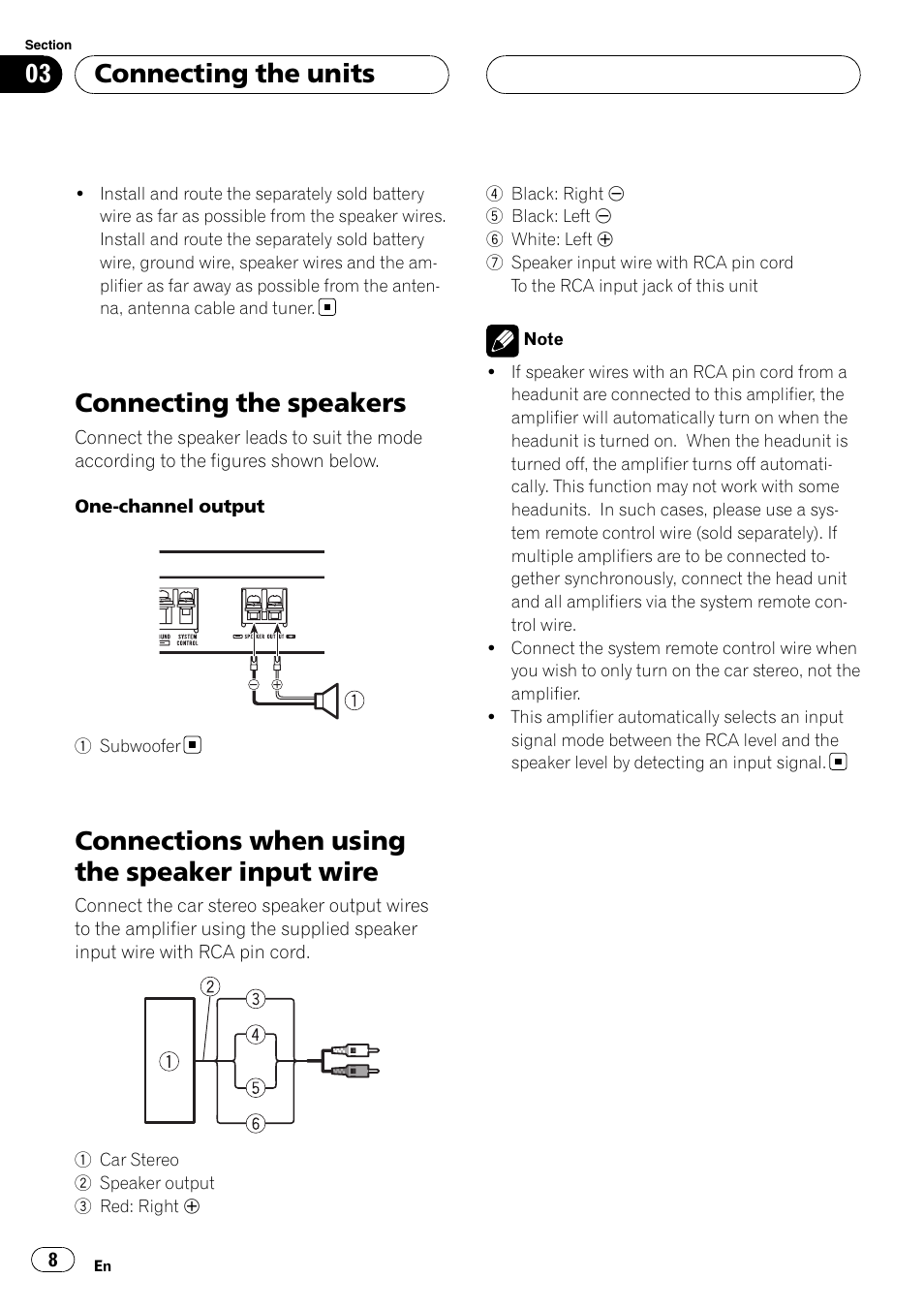 Connecting the speakers, Connections when using the speaker input, Wire | Connections when using the speaker input wire, Connecting the units | Pioneer GM-D7500M User Manual | Page 8 / 84