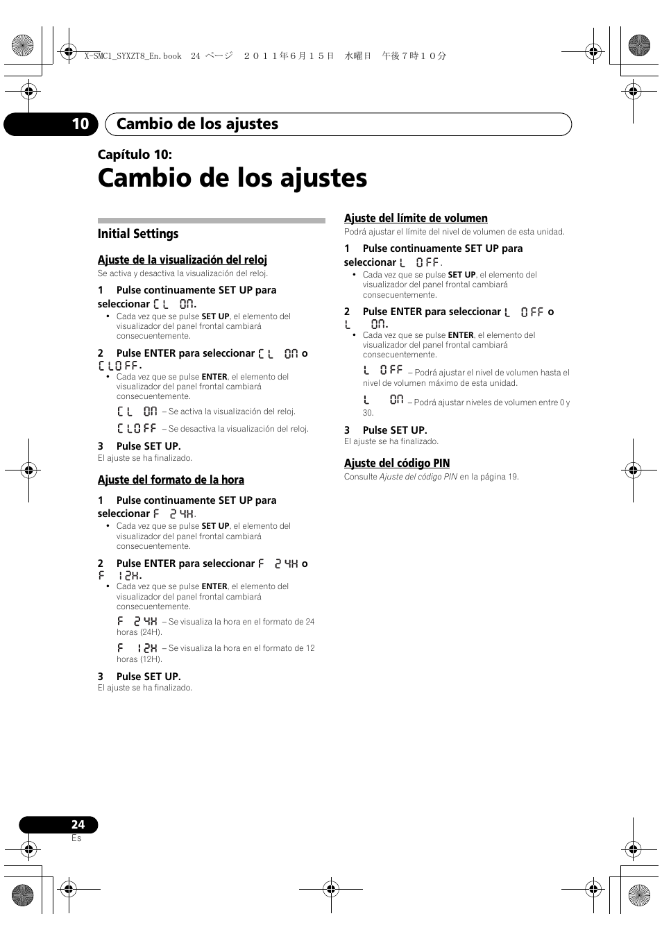 10 cambio de los ajustes, Initial settings, Cambio de los ajustes | Cambio de los ajustes 10, Capítulo 10 | Pioneer X-SMC1-K User Manual | Page 100 / 116