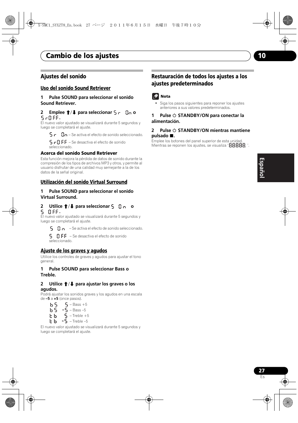 Ajustes del sonido, Cambio de los ajustes 10, English français español ajustes del sonido | Pioneer X-SMC1-K User Manual | Page 103 / 116