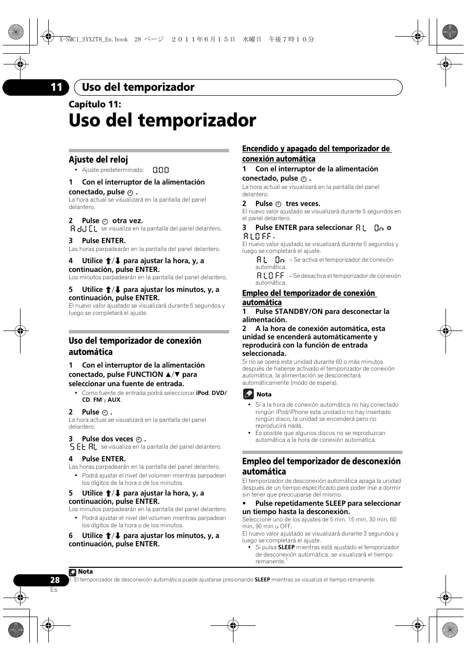 11 uso del temporizador, Empleo del temporizador de desconexión automática, Uso del temporizador | Uso del temporizador 11, Capítulo 11, Ajuste del reloj, Uso del temporizador de conexión automática | Pioneer X-SMC1-K User Manual | Page 104 / 116