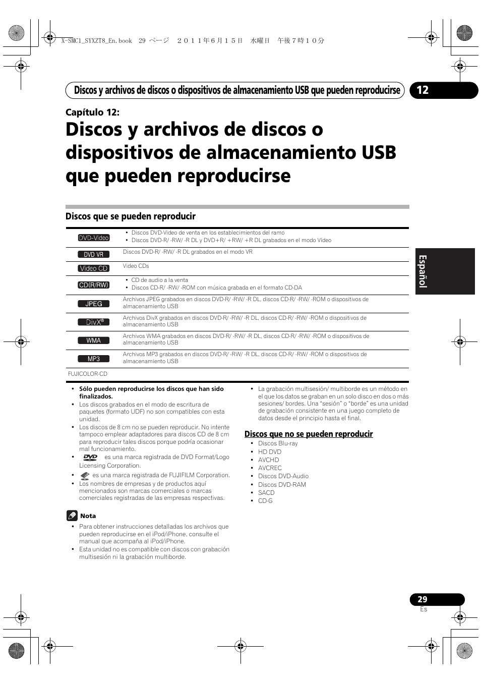 Discos que se pueden reproducir, English français español capítulo 12 | Pioneer X-SMC1-K User Manual | Page 105 / 116