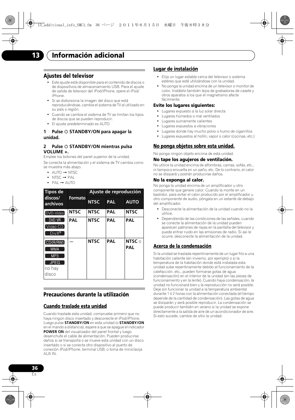 Información adicional 13, Ajustes del televisor, Precauciones durante la utilización | Pioneer X-SMC1-K User Manual | Page 112 / 116