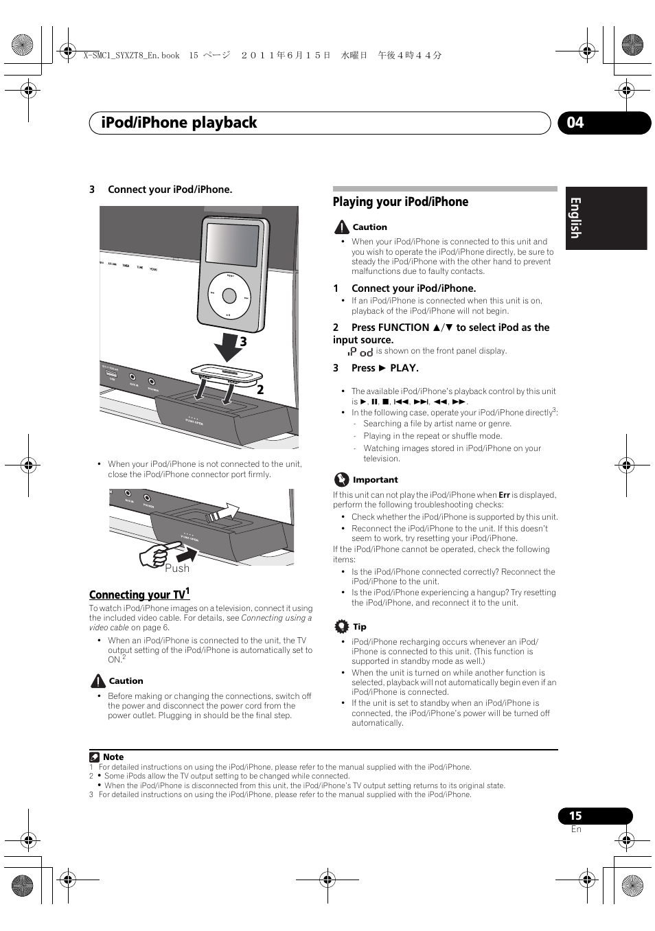 Connecting your tv, Playing your ipod/iphone, Ipod/iphone playback 04 | English français español | Pioneer X-SMC1-K User Manual | Page 15 / 116