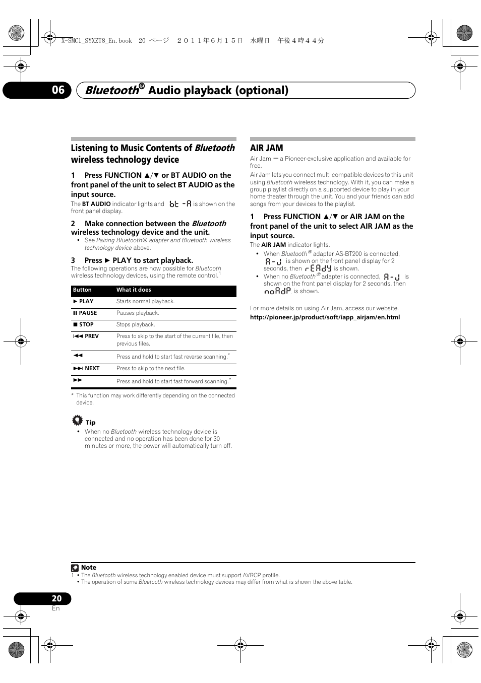 Bluetooth, Audio playback (optional) 06, Air jam | Pioneer X-SMC1-K User Manual | Page 20 / 116