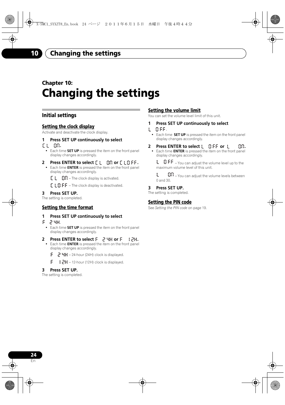 10 changing the settings, Initial settings, Changing the settings | Changing the settings 10, Chapter 10 | Pioneer X-SMC1-K User Manual | Page 24 / 116