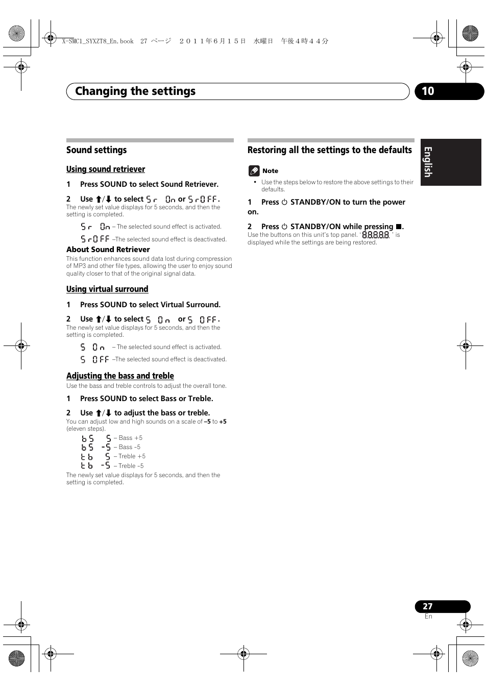 Sound settings, Using sound retriever, Using virtual surround | Adjusting the bass and treble, Restoring all the settings to the defaults, Changing the settings 10, English français español sound settings | Pioneer X-SMC1-K User Manual | Page 27 / 116