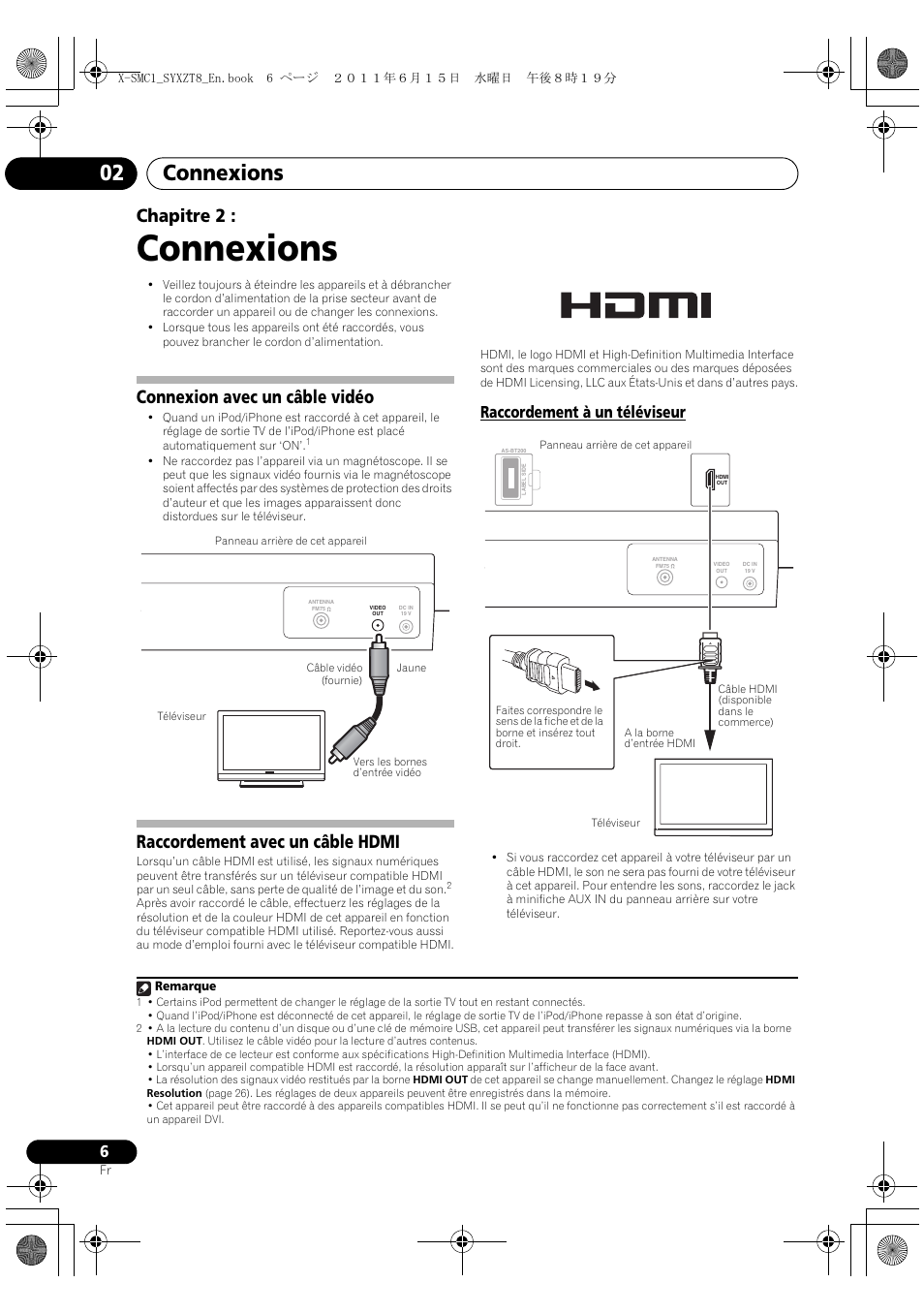 02 connexions, Raccordement à un téléviseur, Connexions | Connexions 02, Chapitre 2, Connexion avec un câble vidéo, Raccordement avec un câble hdmi | Pioneer X-SMC1-K User Manual | Page 44 / 116