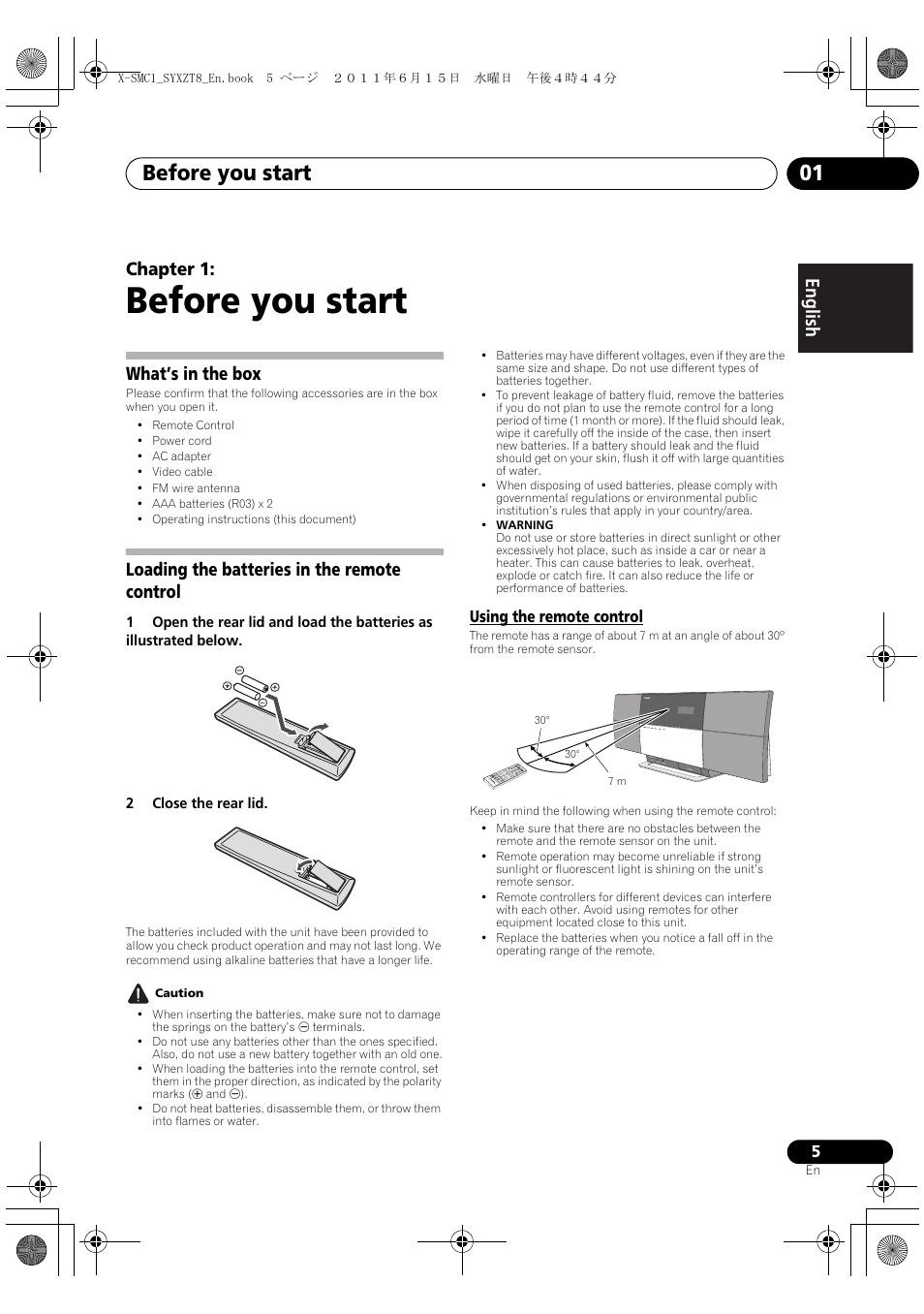 01 before you start, Using the remote control, Before you start | Before you start 01, English français español chapter 1, What’s in the box, Loading the batteries in the remote control | Pioneer X-SMC1-K User Manual | Page 5 / 116