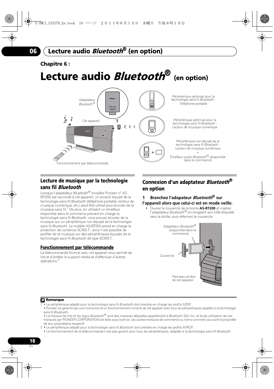 06 lecture audio, Bluetooth, En option) | Fonctionnement par télécommande, Connexion d’un adaptateur bluetooth ® en option, Lecture audio, En option) 06, Chapitre 6, Connexion d’un adaptateur bluetooth, En option | Pioneer X-SMC1-K User Manual | Page 56 / 116