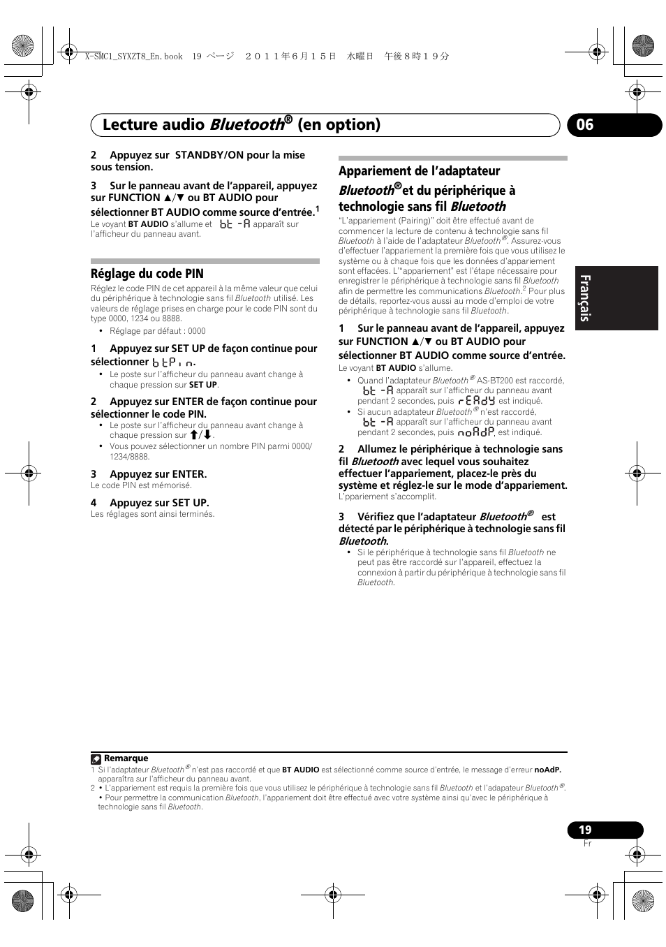 Bluetooth, Lecture audio, En option) 06 | English français español, Réglage du code pin, Appariement de l’adaptateur bluetooth | Pioneer X-SMC1-K User Manual | Page 57 / 116
