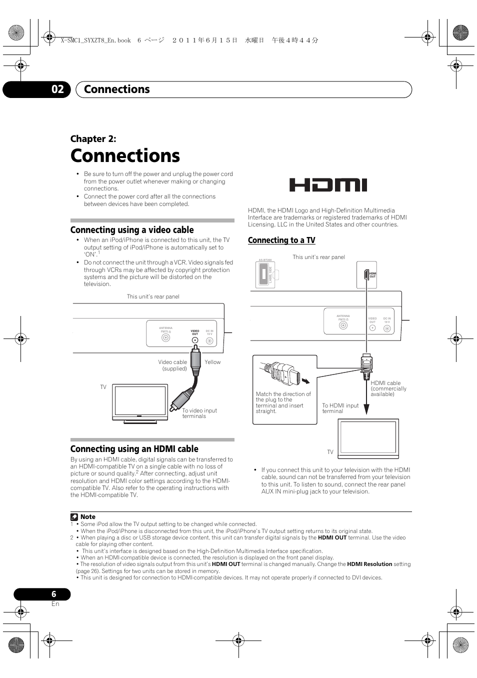 02 connections, Connecting to a tv, Connections | Connections 02, Chapter 2, Connecting using a video cable, Connecting using an hdmi cable | Pioneer X-SMC1-K User Manual | Page 6 / 116