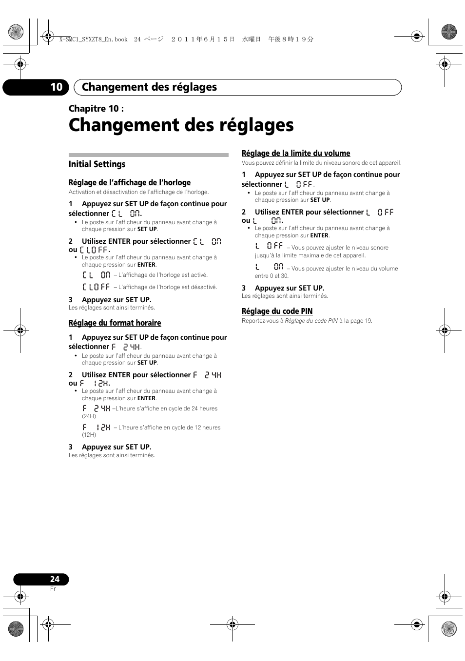 10 changement des réglages, Initial settings, Changement des réglages | Changement des réglages 10, Chapitre 10 | Pioneer X-SMC1-K User Manual | Page 62 / 116