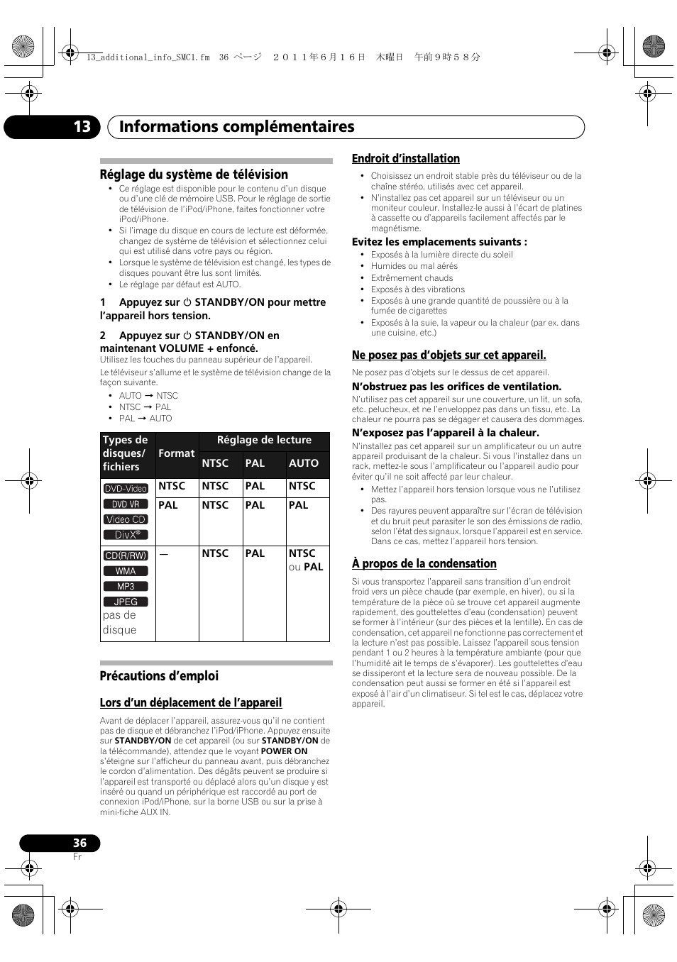 Réglage du syst, Me de télévision, Précautions d’emploi | Informations complémentaires 13, Réglage du système de télévision | Pioneer X-SMC1-K User Manual | Page 74 / 116