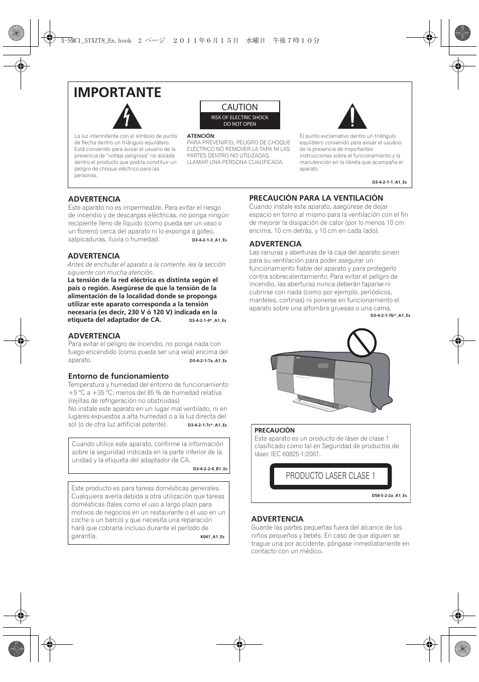 Importante, Caution, Producto laser clase 1 | Pioneer X-SMC1-K User Manual | Page 78 / 116