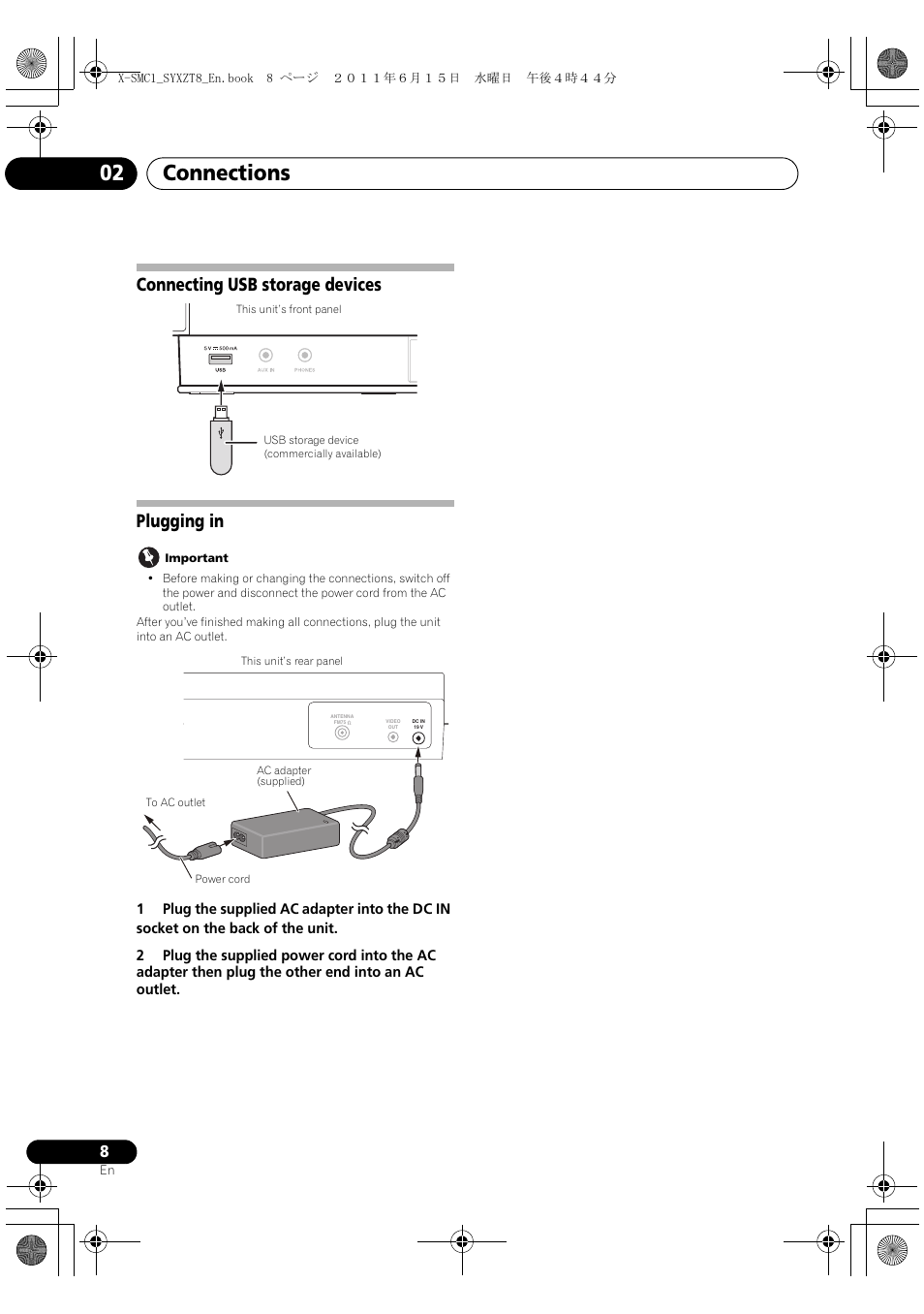 Connecting usb storage devices plugging in, Connections 02 | Pioneer X-SMC1-K User Manual | Page 8 / 116