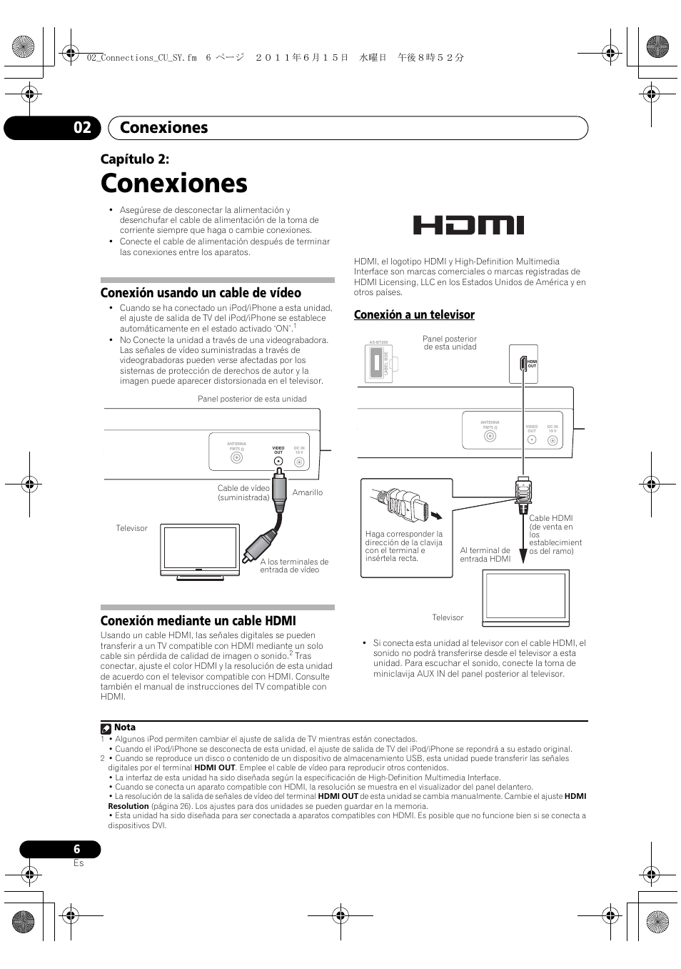 02 conexiones, Conexión a un televisor, Conexiones | Conexiones 02, Capítulo 2, Conexión usando un cable de vídeo, Conexión mediante un cable hdmi | Pioneer X-SMC1-K User Manual | Page 82 / 116