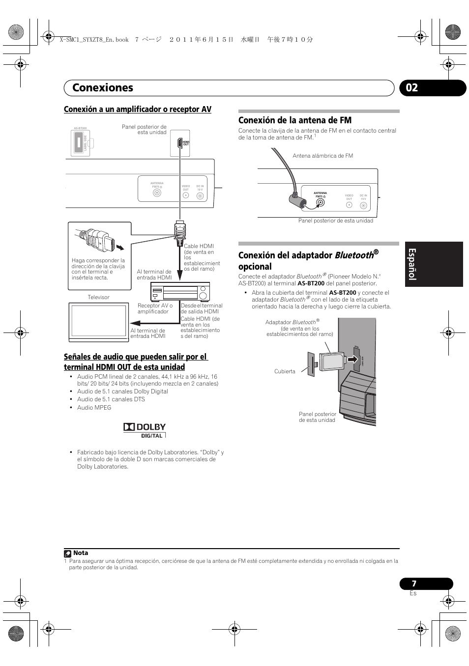 Conexiones 02, English français español, Conexión de la antena de fm | Conexión del adaptador bluetooth, Opcional | Pioneer X-SMC1-K User Manual | Page 83 / 116