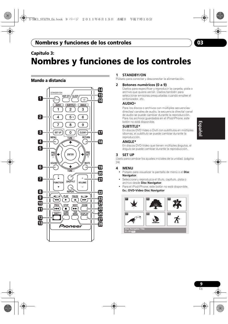 03 nombres y funciones de los controles, Mando a distancia, Nombres y funciones de los controles | Nombres y funciones de los controles 03, English français español capítulo 3 | Pioneer X-SMC1-K User Manual | Page 85 / 116