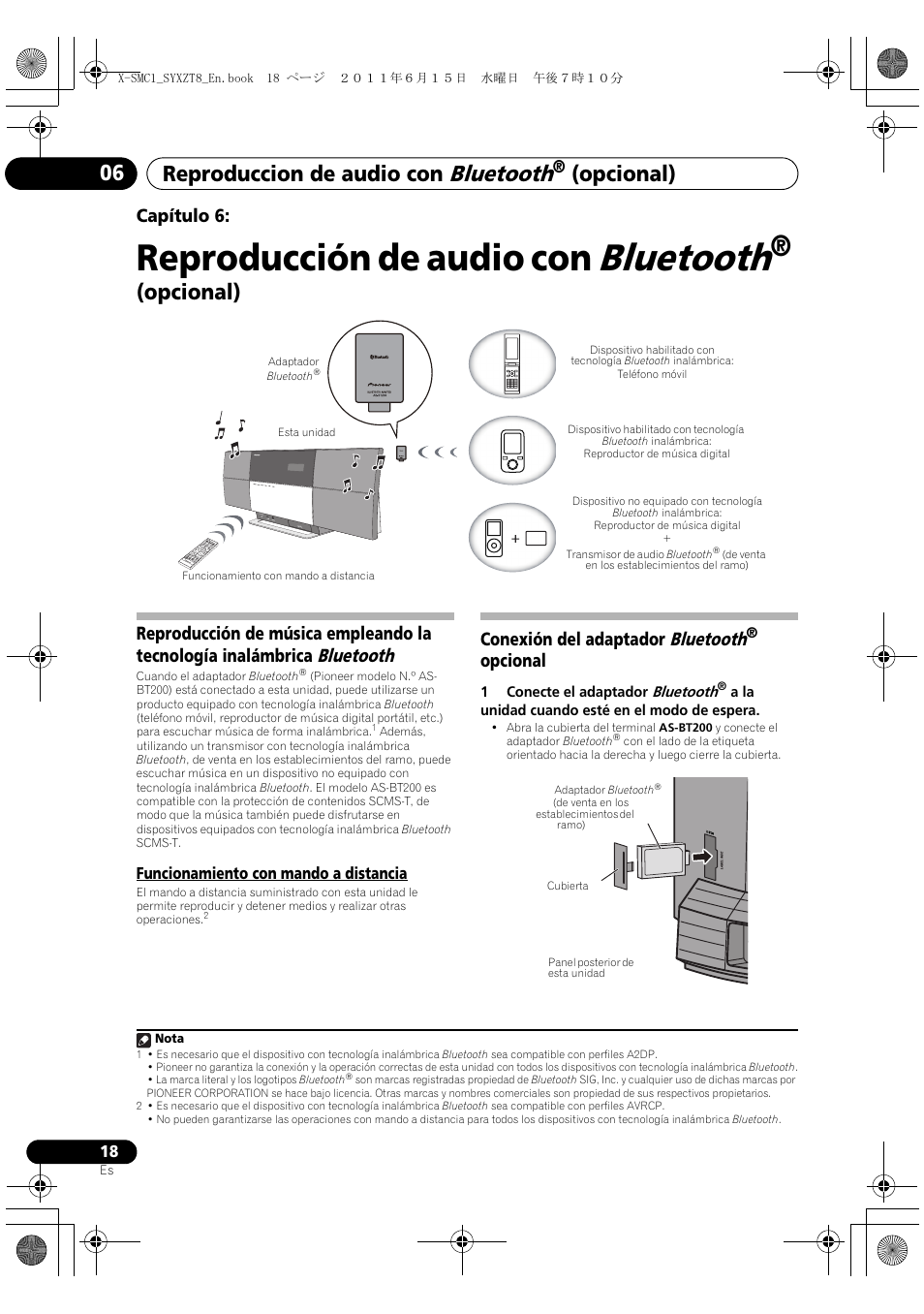 06 reproducción de audio con, Bluetooth, Opcional) | Funcionamiento con mando a distancia, Conexión del adaptador bluetooth® opcional, Reproducción de audio con, Reproduccion de audio con, Opcional) 06, Capítulo 6, Conexión del adaptador bluetooth | Pioneer X-SMC1-K User Manual | Page 94 / 116