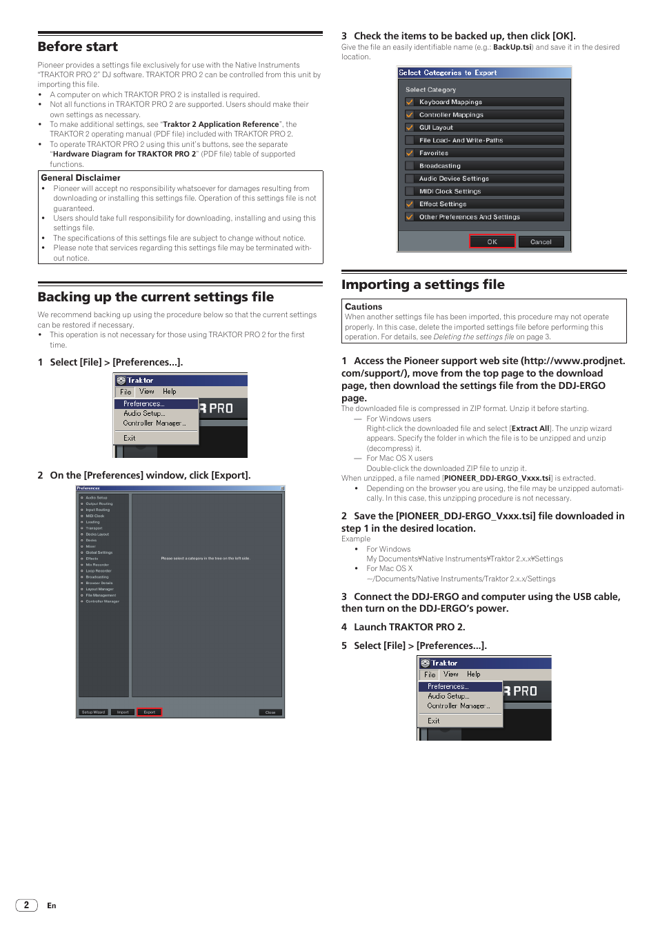 Before start, Backing up the current settings file, Importing a settings file | Pioneer DDJ-ERGO-V User Manual | Page 2 / 3