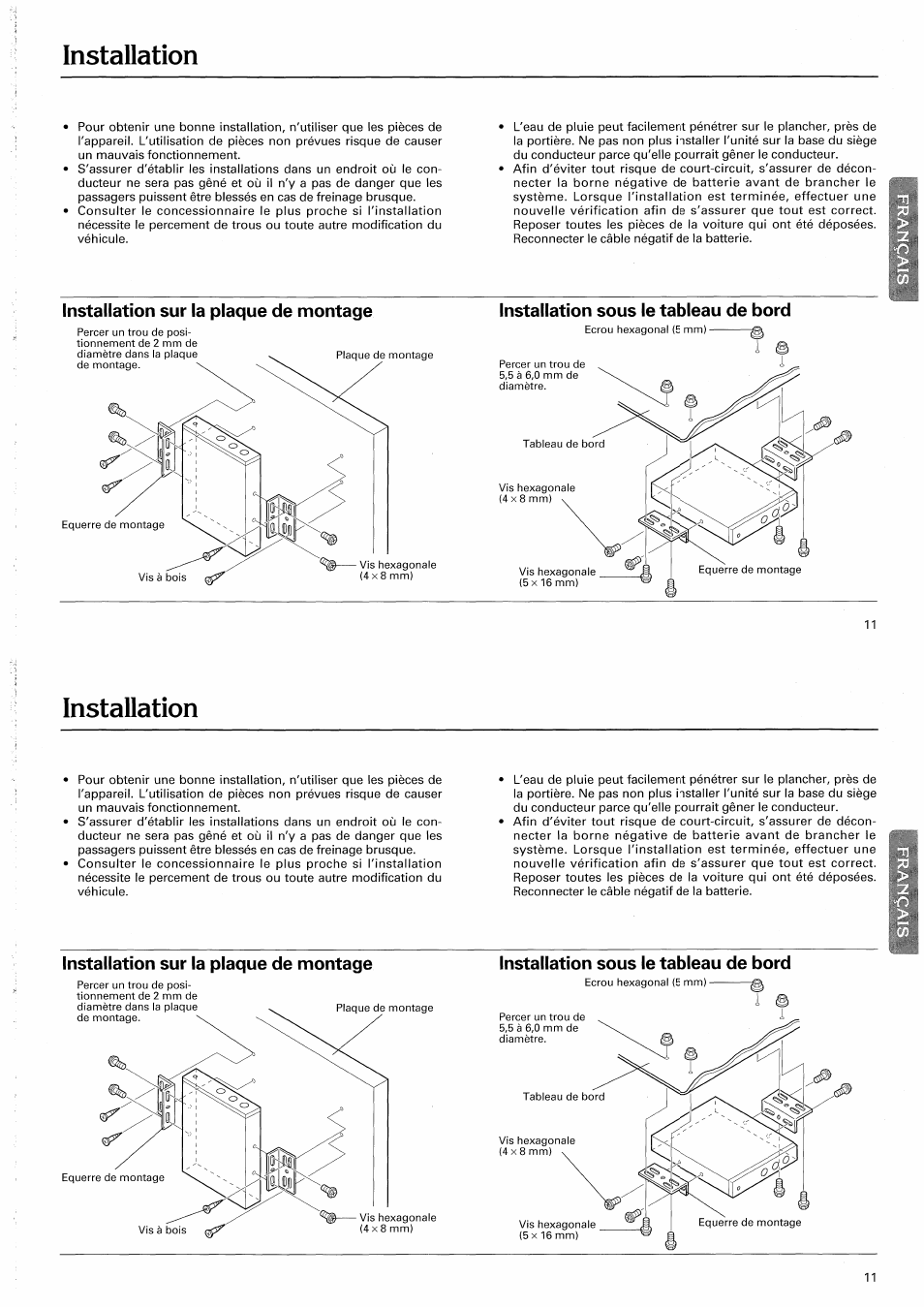 Installation, Installation sur la plaque de montage, Installation sous le tableau de bord | Pioneer CD-625 User Manual | Page 11 / 32
