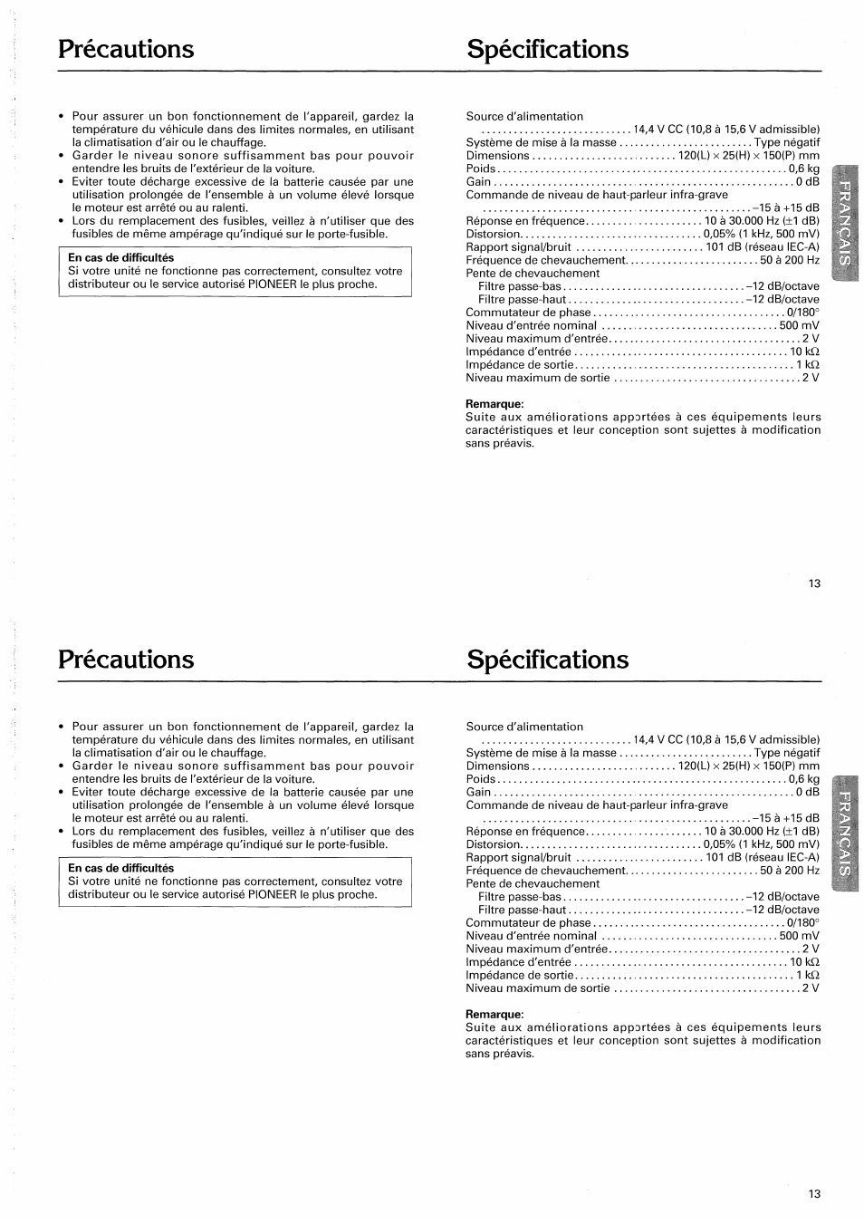 Précautions spécifications | Pioneer CD-625 User Manual | Page 13 / 32