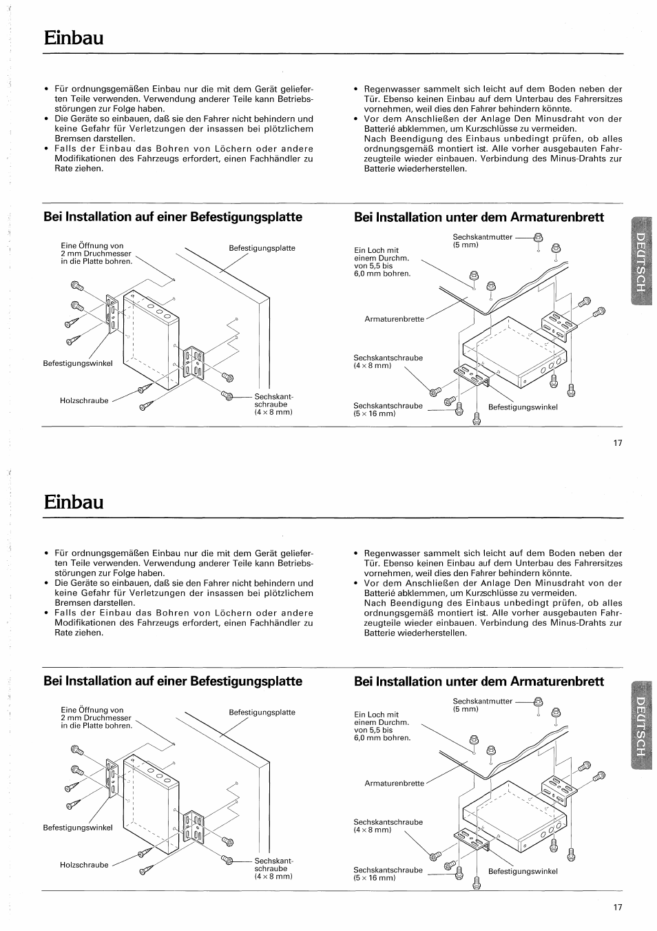 Einbau, Bei installation auf einer befestigungsplatte, Bei installation unter dem armaturenbrett | Pioneer CD-625 User Manual | Page 17 / 32