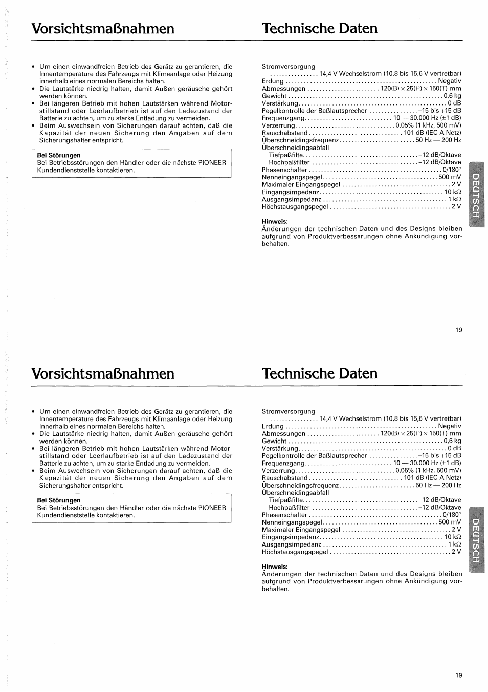 Vorsichtsmaßnahmen technische daten | Pioneer CD-625 User Manual | Page 19 / 32