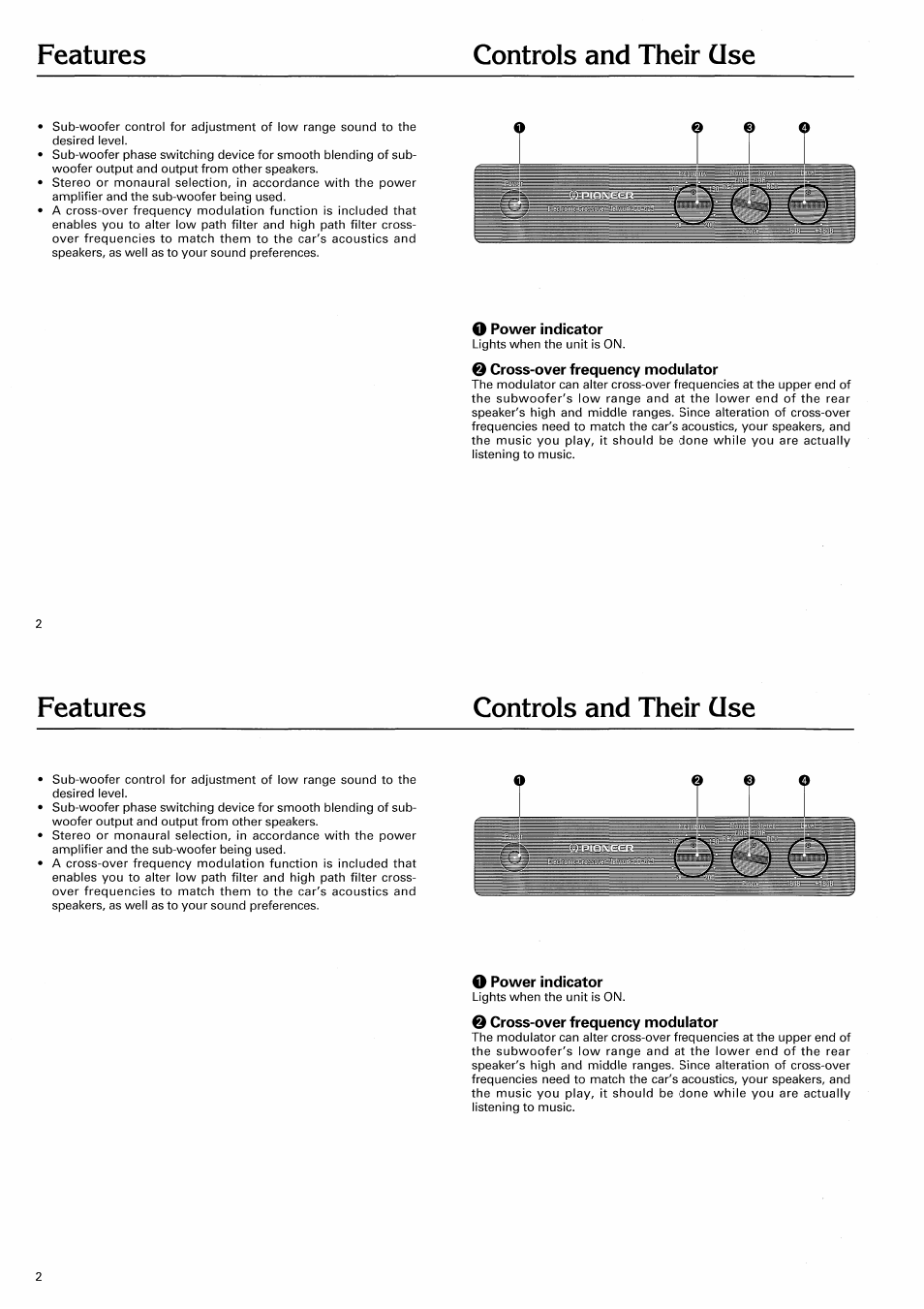 O power indicator, 0 cross-over frequency modulator, Controls and their use | Features controls and their use | Pioneer CD-625 User Manual | Page 2 / 32