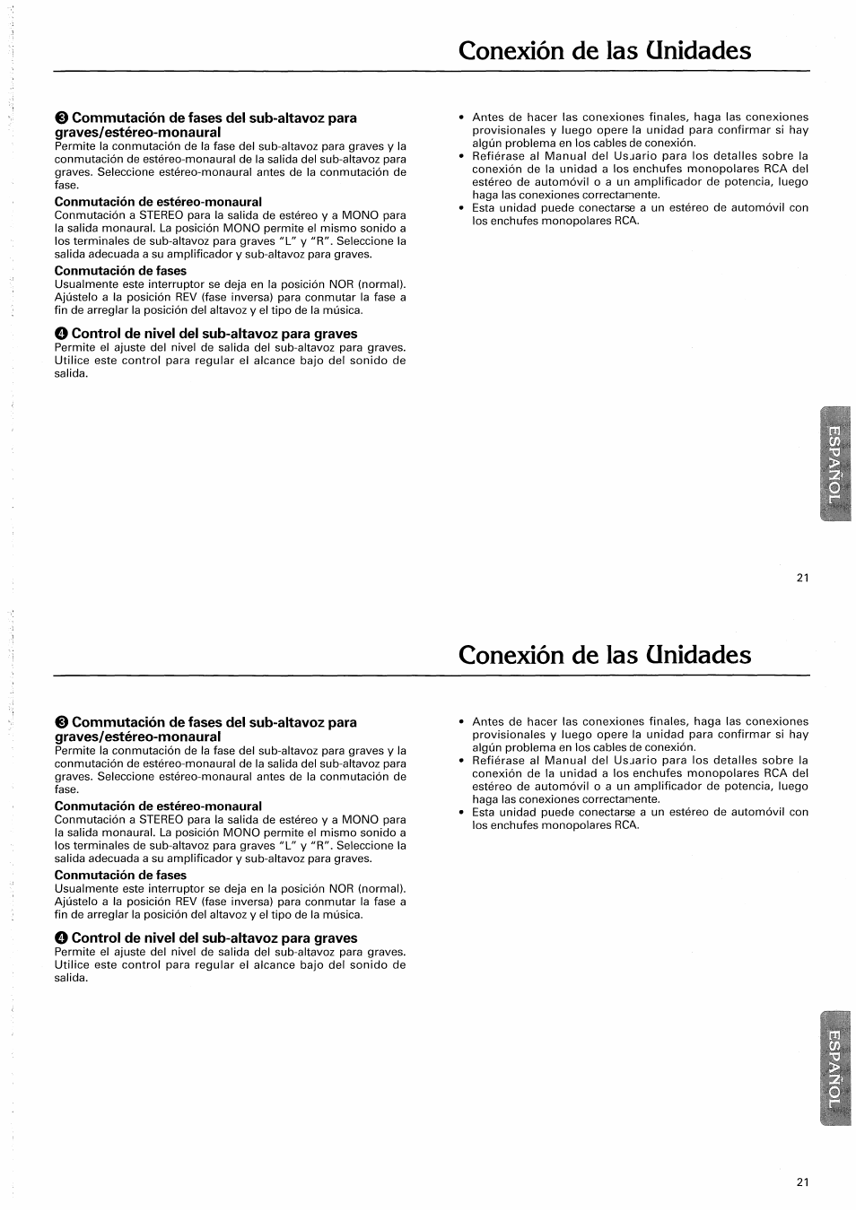 Conmutación de estéreo-monaural, Conmutación de fases, O control de nivel del sub-altavoz para graves | Conexión de las unidades | Pioneer CD-625 User Manual | Page 21 / 32