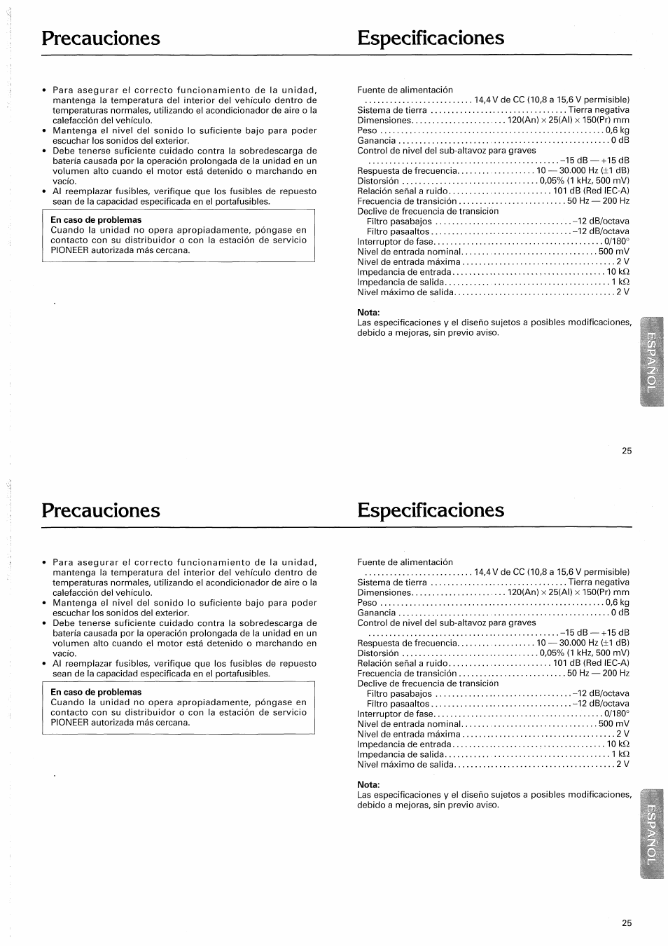 Precauciones especificaciones | Pioneer CD-625 User Manual | Page 25 / 32